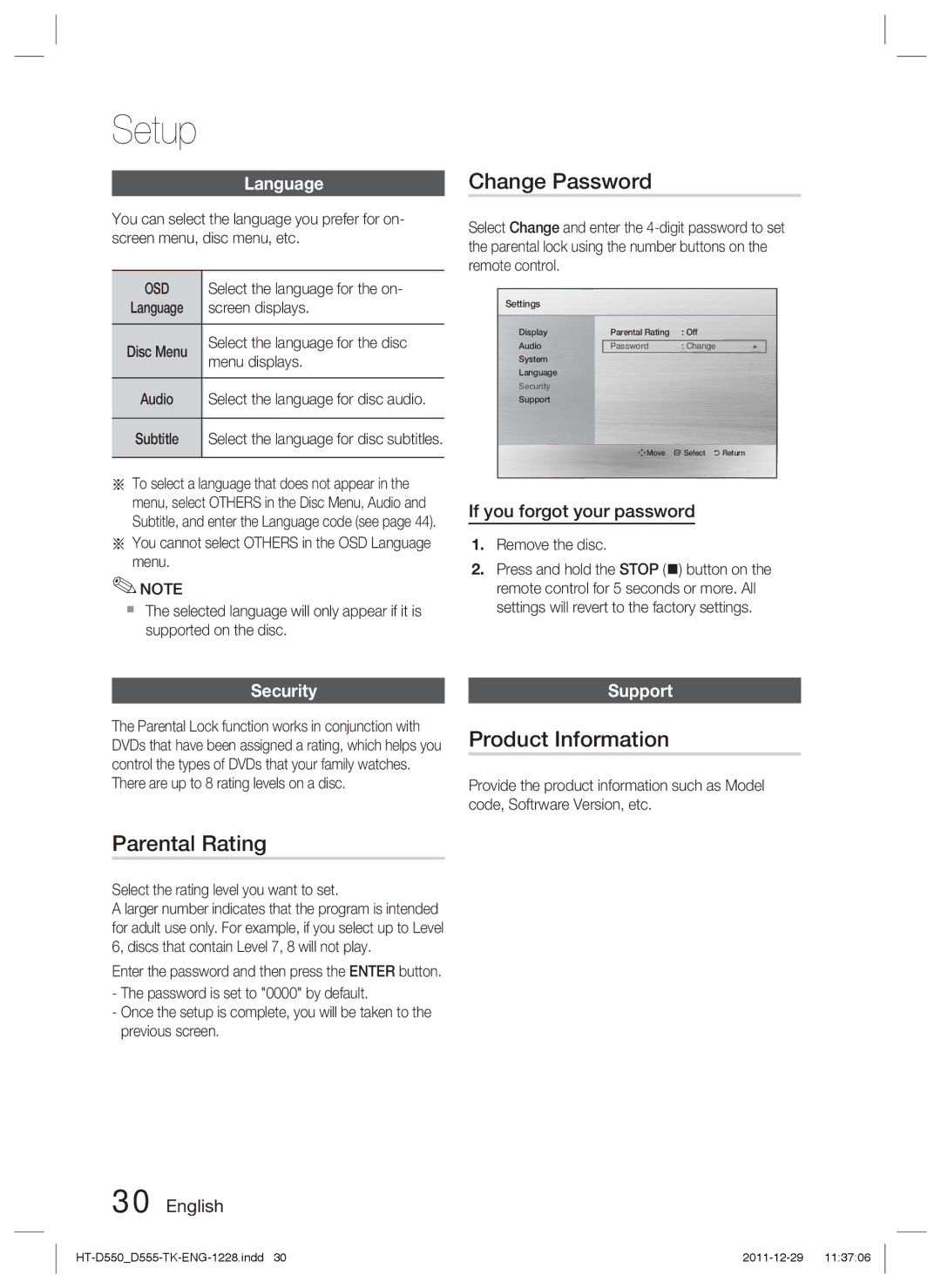 Samsung HT-D550/XN, HT-D555/TK, HT-D550/EN, HT-D555/EN, HT-D550/XE manual Change Password, Parental Rating, Product Information 