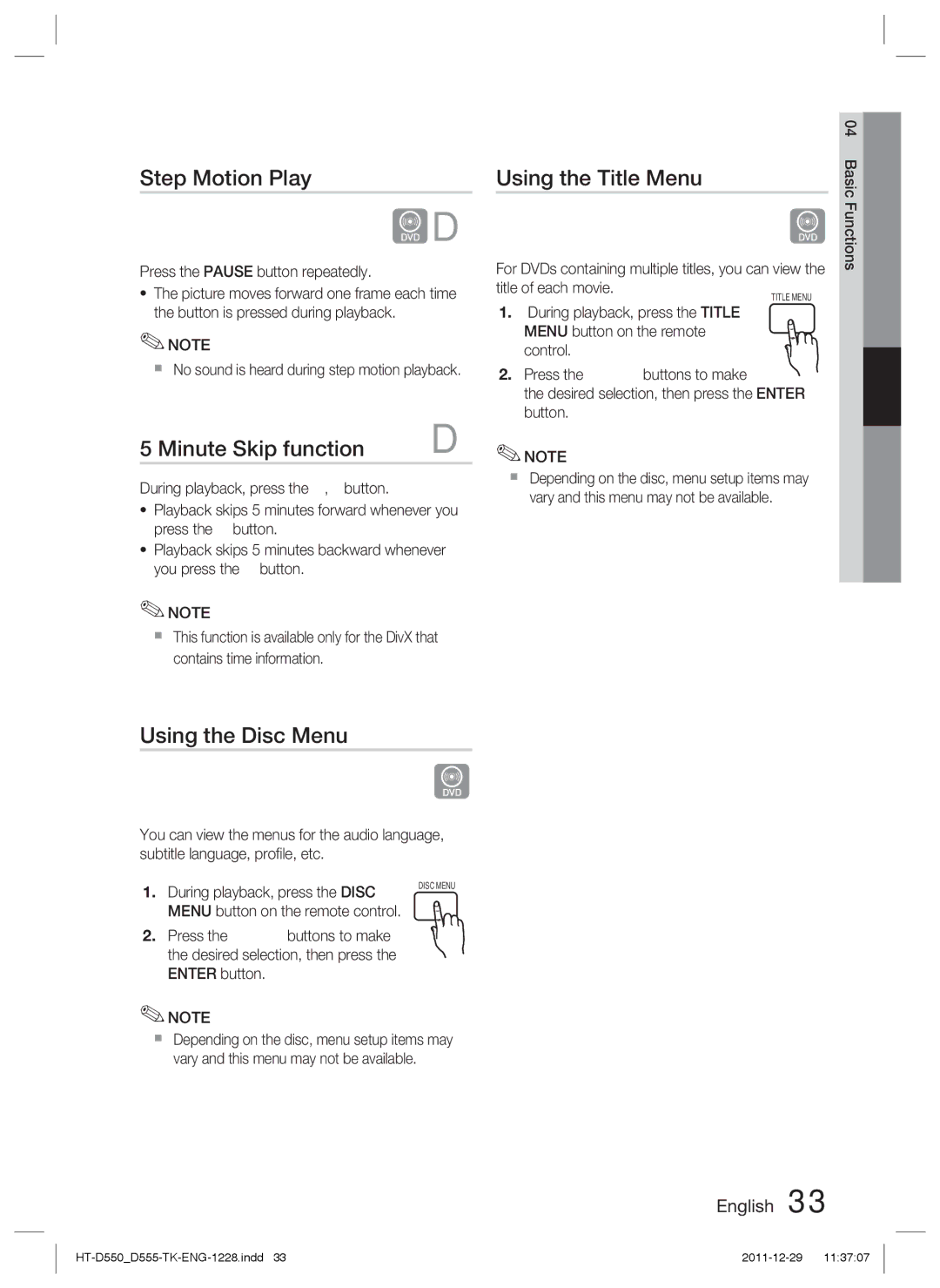 Samsung HT-D555/EN, HT-D550/XN manual Step Motion Play, Minute Skip function, Using the Title Menu, Using the Disc Menu 