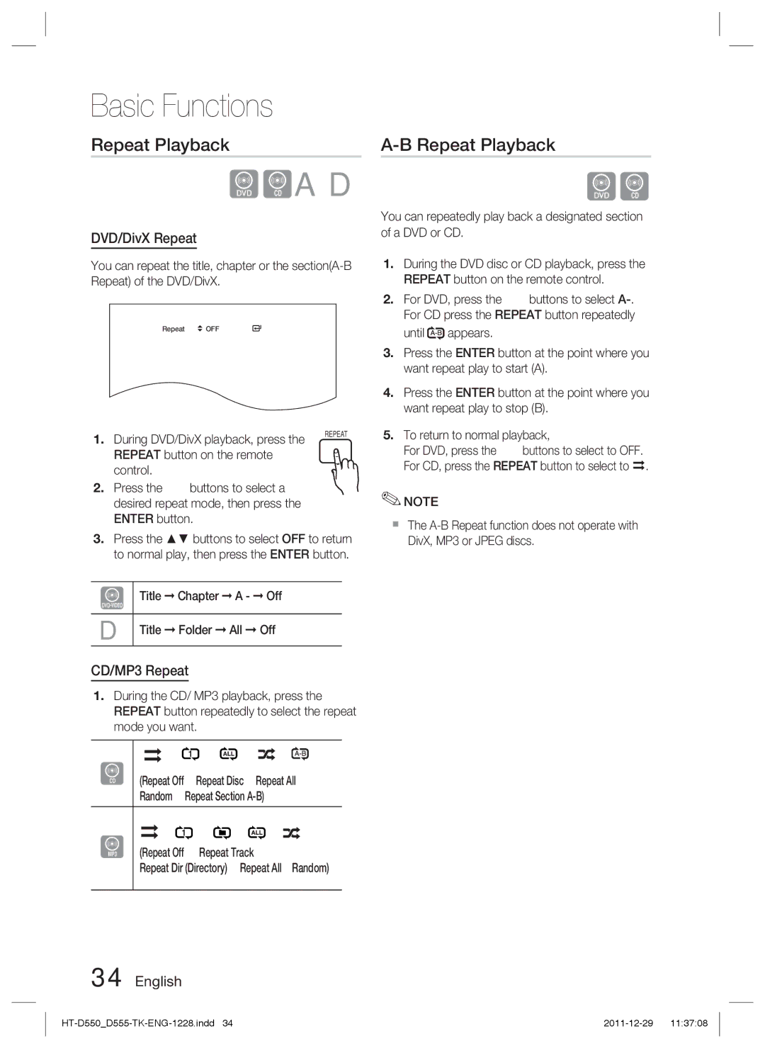 Samsung HT-D550/XE, HT-D550/XN, HT-D555/TK, HT-D550/EN, HT-D555/EN manual Repeat Playback, DVD/DivX Repeat, CD/MP3 Repeat 