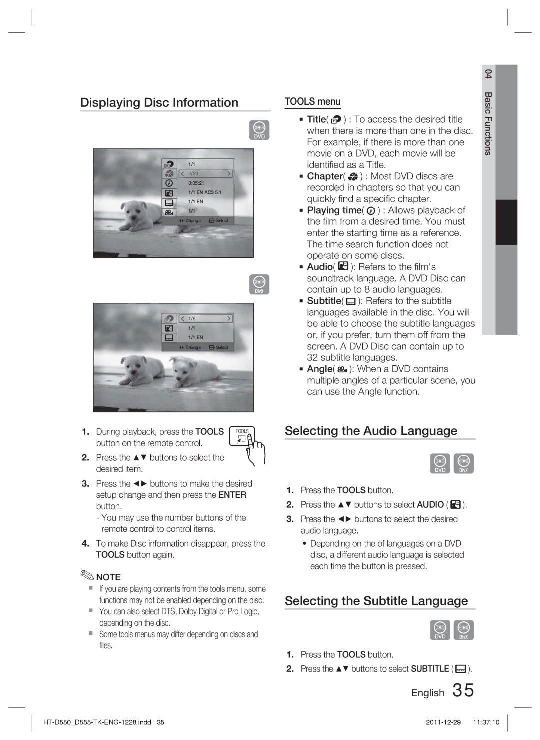 Samsung HT-D550/XN Displaying Disc Information, Selecting the Audio Language, Selecting the Subtitle Language, Tools menu 