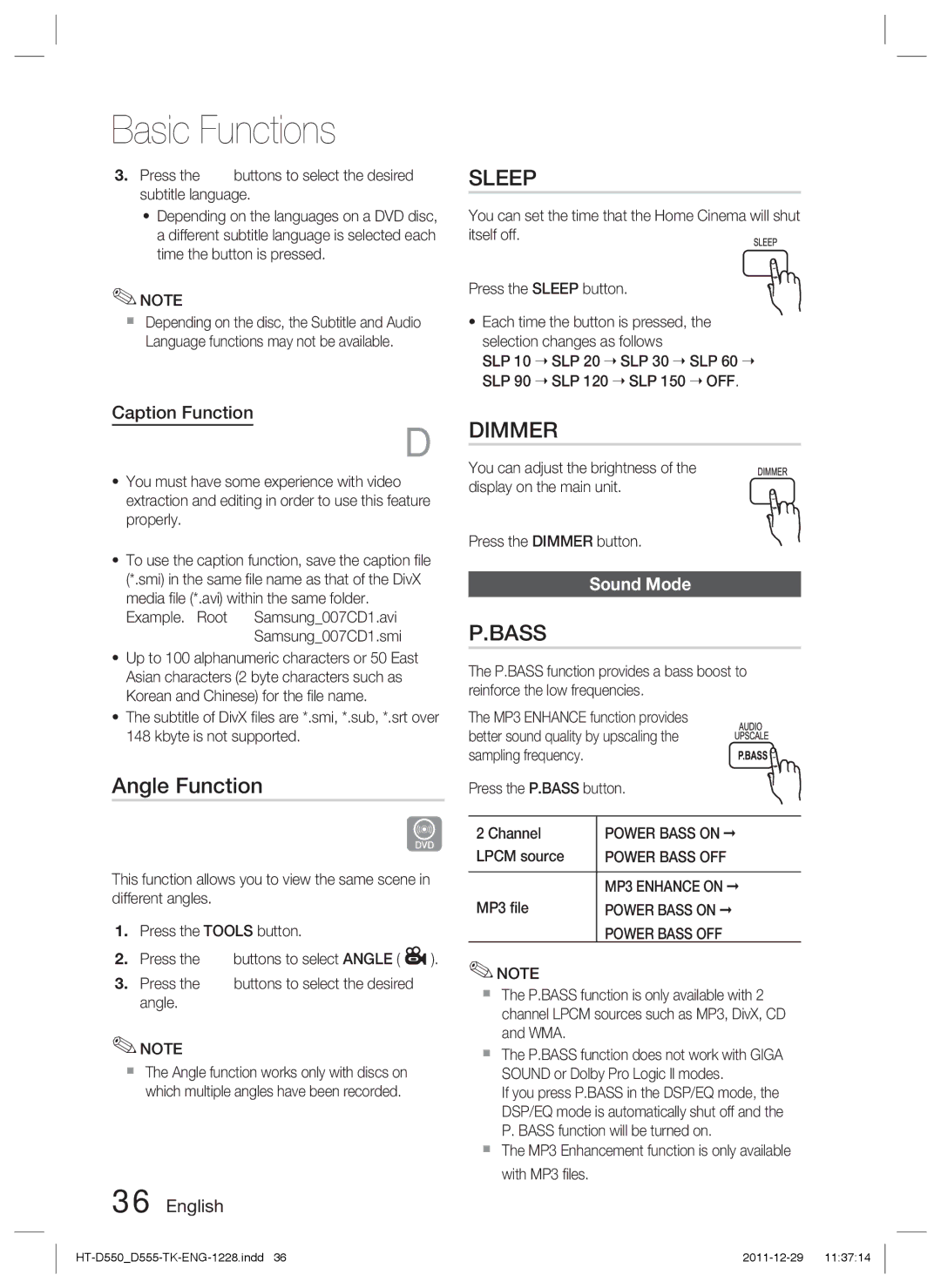 Samsung HT-D555/TK, HT-D550/XN, HT-D550/EN, HT-D555/EN, HT-D550/XE manual Angle Function, Caption Function, Sound Mode 