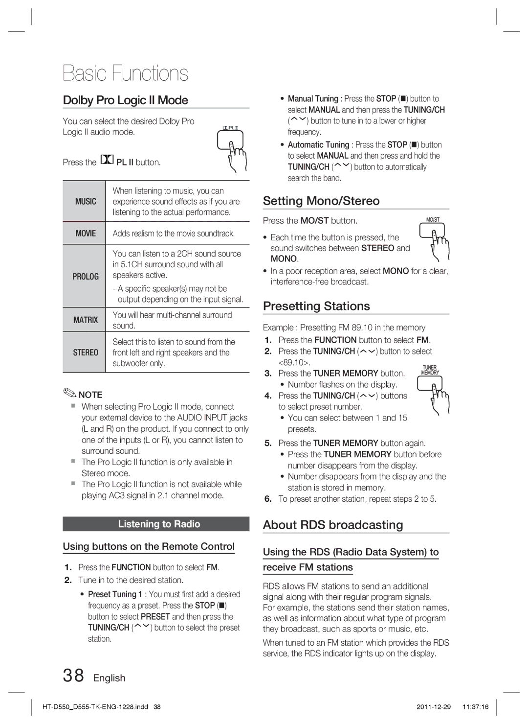 Samsung HT-D555/EN, HT-D550/XN Dolby Pro Logic II Mode, Setting Mono/Stereo, Presetting Stations, About RDS broadcasting 