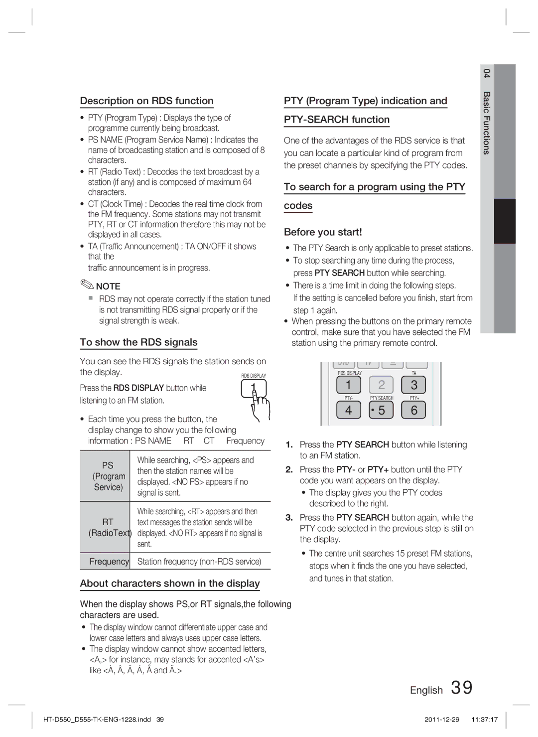 Samsung HT-D550/XE, HT-D550/XN Description on RDS function, To show the RDS signals, About characters shown in the display 