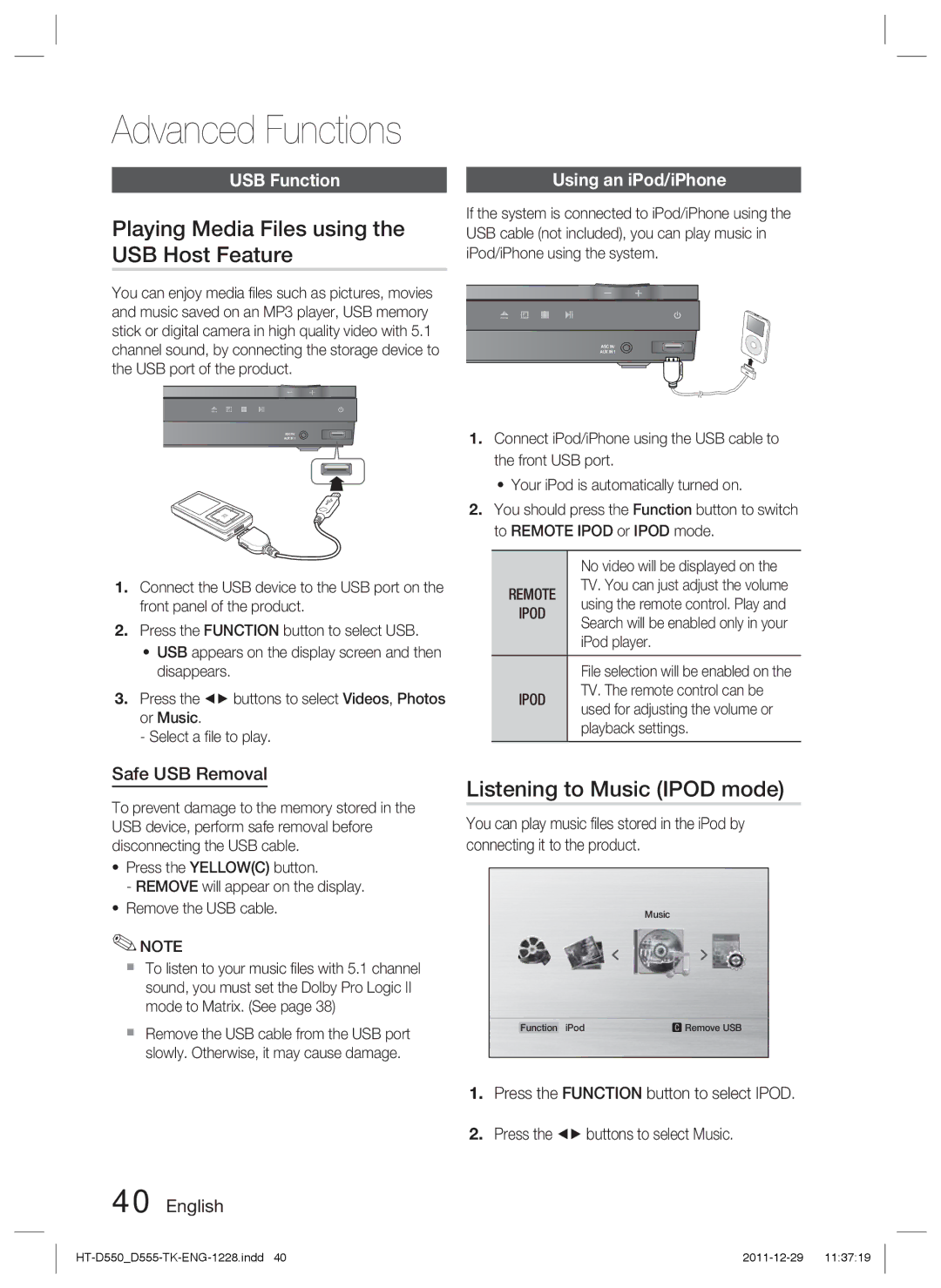 Samsung HT-D550/XN manual Advanced Functions, Playing Media Files using, USB Host Feature, Listening to Music Ipod mode 