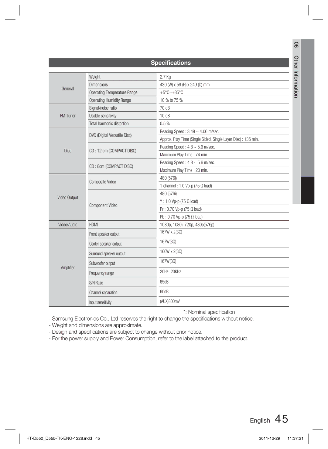 Samsung HT-D550/XN, HT-D555/TK, HT-D550/EN, HT-D555/EN, HT-D550/XE manual Speciﬁcations, Reading Speed 3.49 ~ 4.06 m/sec 