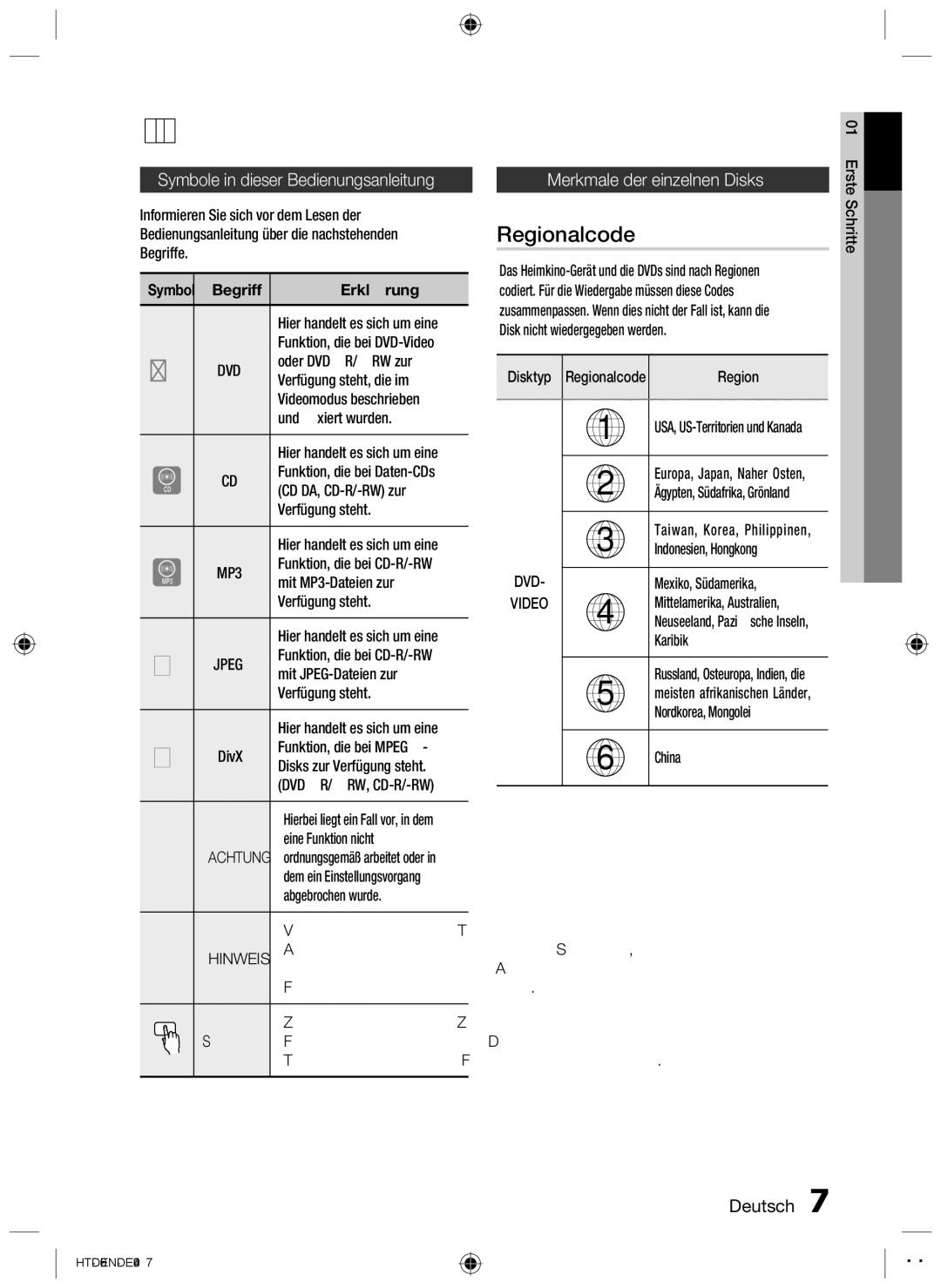 Samsung HT-D555/EN manual Erste Schritte, Regionalcode, Symbole in dieser Bedienungsanleitung, Merkmale der einzelnen Disks 