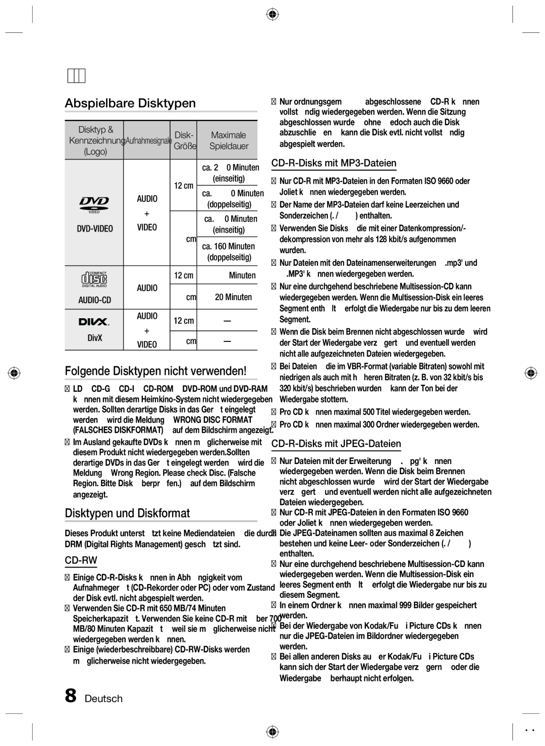 Samsung HT-D555/ZF, HT-D550/XN manual Abspielbare Disktypen, Disktypen und Diskformat, Folgende Disktypen nicht verwenden 