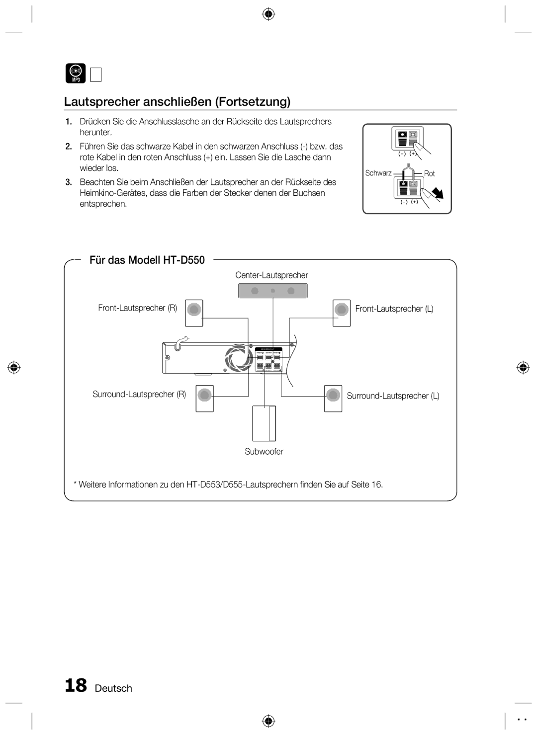 Samsung HT-D550/EN, HT-D550/XN, HT-D555/TK, HT-D555/EN Lautsprecher anschließen Fortsetzung, Für das Modell HT-D550, Schwarz 