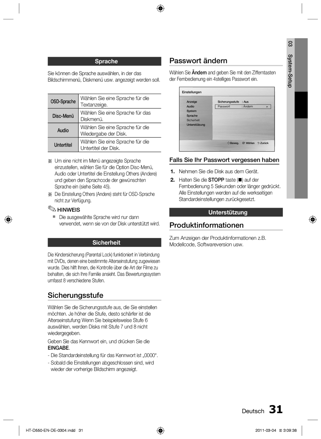 Samsung HT-D555/EN, HT-D550/XN, HT-D555/TK, HT-D550/EN, HT-D555/ZF Sicherungsstufe, Passwort ändern, Produktinformationen 