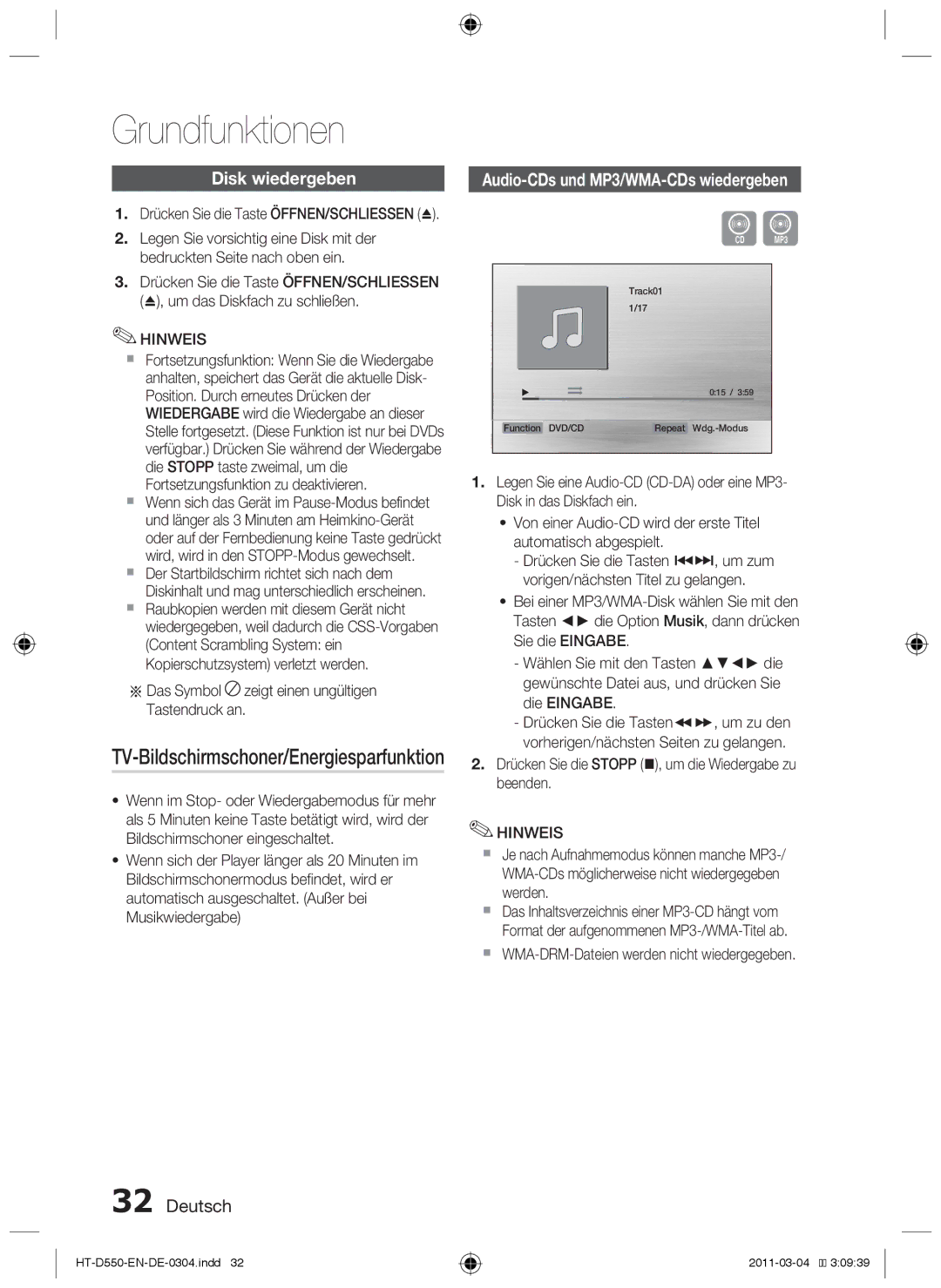 Samsung HT-D555/ZF, HT-D550/XN, HT-D555/TK manual Grundfunktionen, Disk wiedergeben, Audio-CDs und MP3/WMA-CDs wiedergeben 