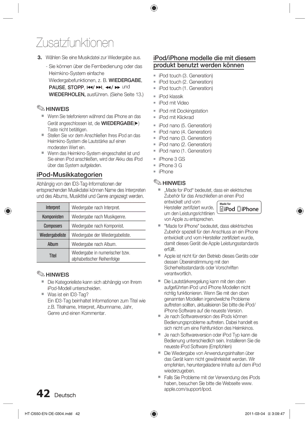 Samsung HT-D550/EN, HT-D550/XN, HT-D555/TK, HT-D555/EN, HT-D555/ZF, HT-D550/ZF manual IPod-Musikkategorien 