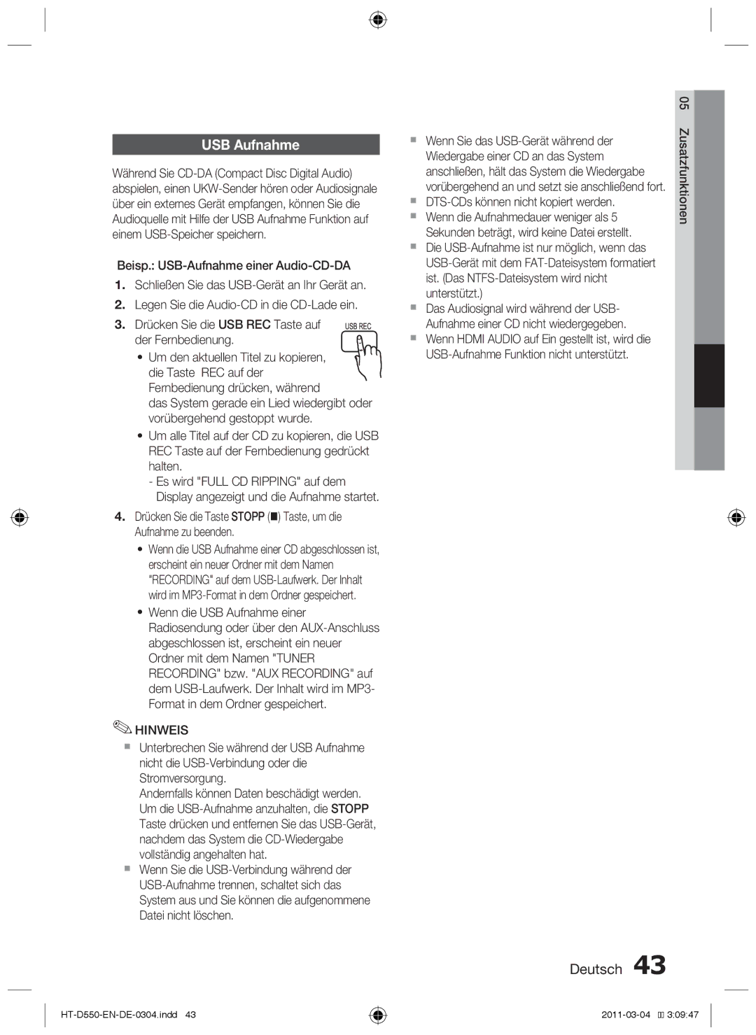 Samsung HT-D555/EN, HT-D550/XN, HT-D555/TK, HT-D550/EN, HT-D555/ZF, HT-D550/ZF manual USB Aufnahme 