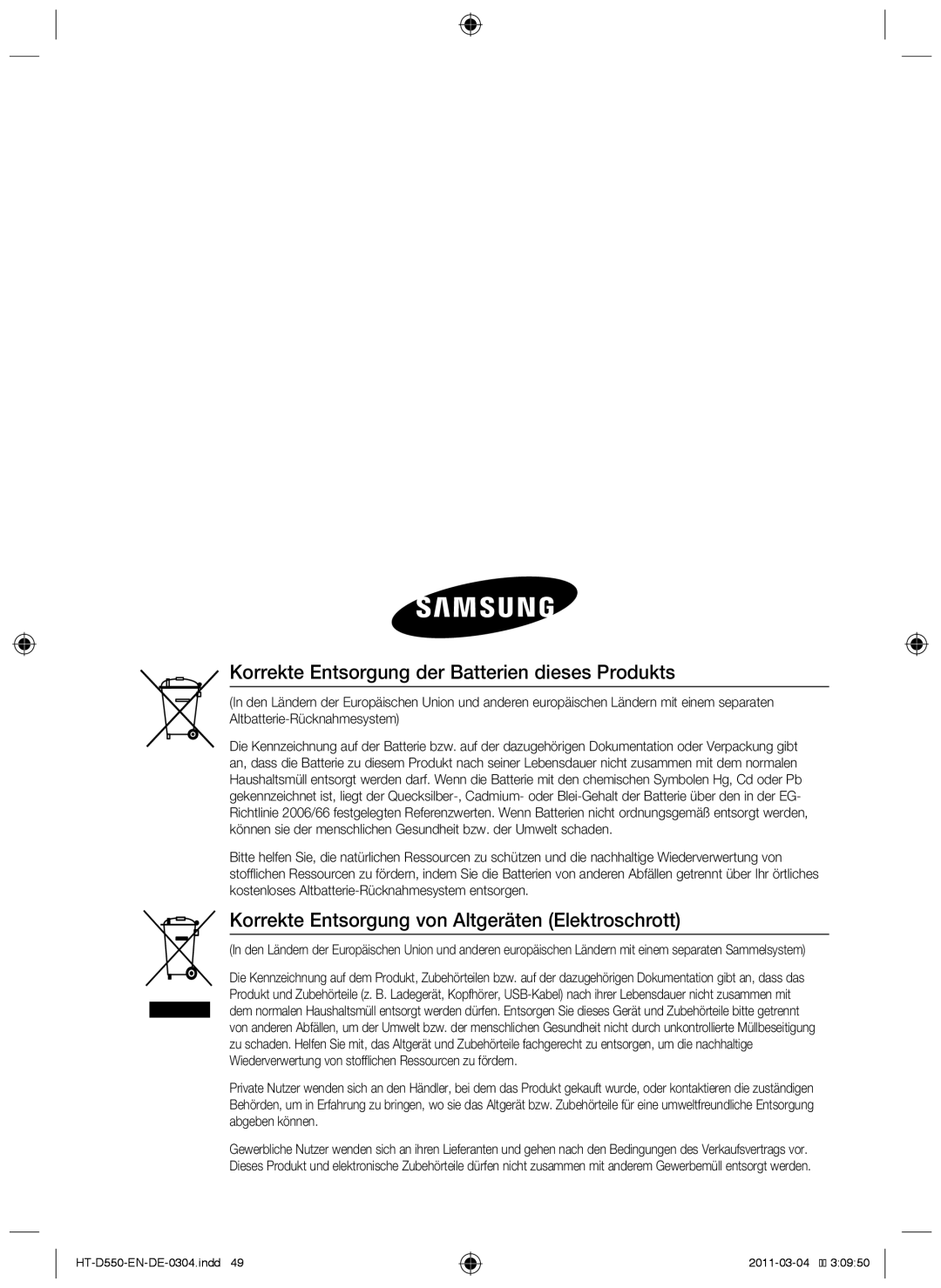 Samsung HT-D555/EN Korrekte Entsorgung der Batterien dieses Produkts, Korrekte Entsorgung von Altgeräten Elektroschrott 