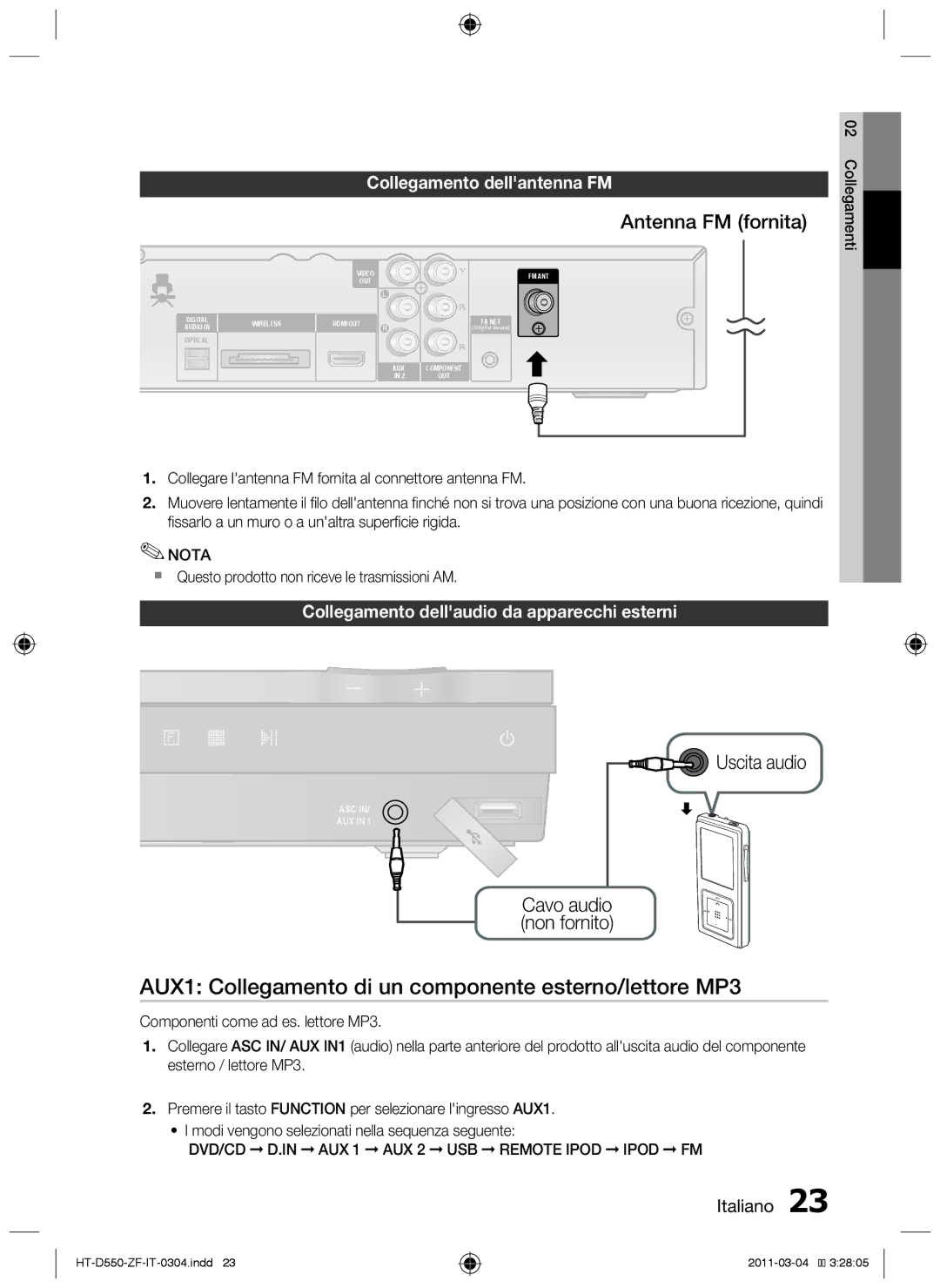 Samsung HT-D550/EN, HT-D550/XN AUX1 Collegamento di un componente esterno/lettore MP3, Antenna FM fornita, Uscita audio 