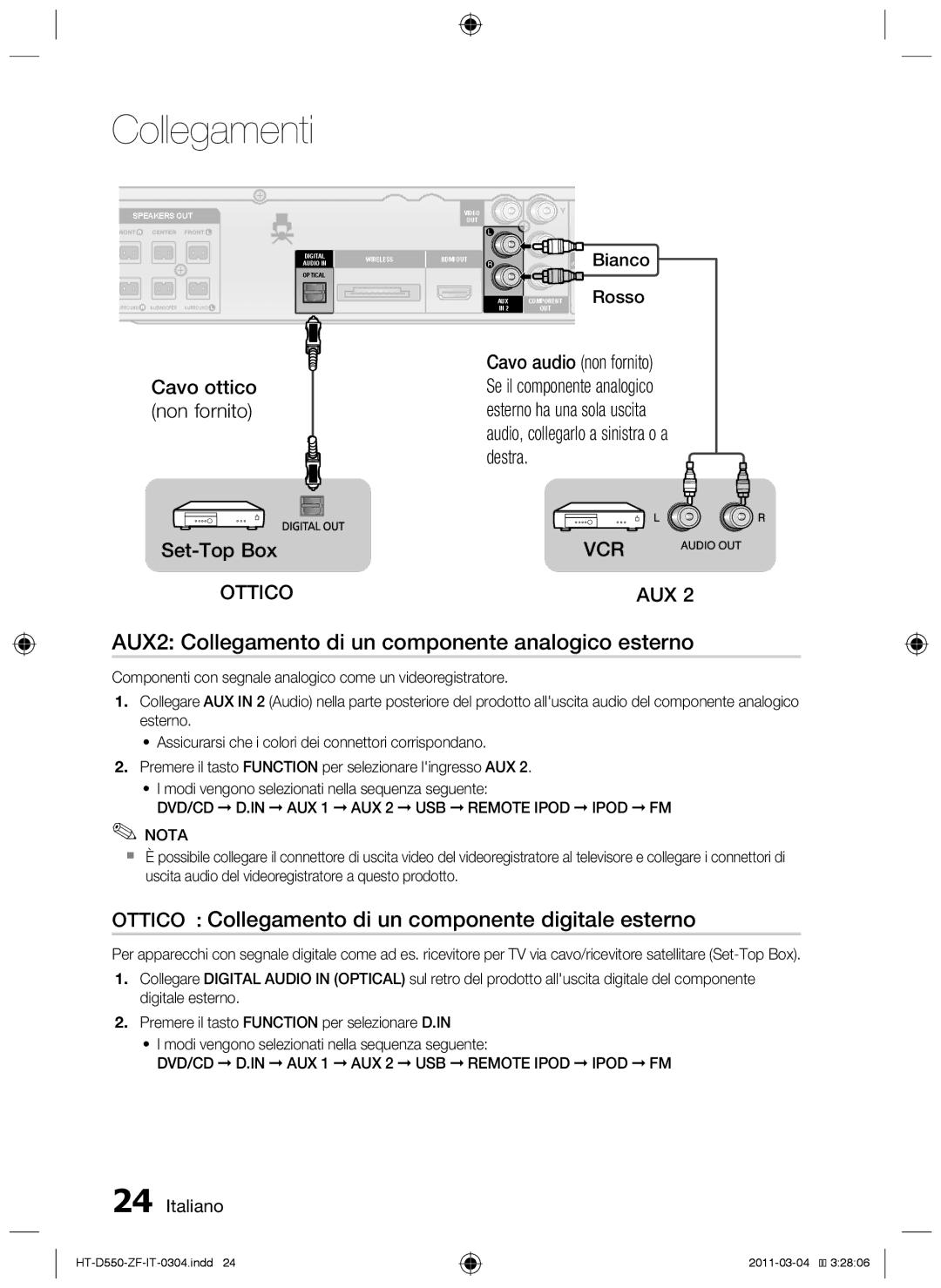 Samsung HT-D555/EN, HT-D550/XN, HT-D555/TK AUX2 Collegamento di un componente analogico esterno, Cavo ottico non fornito 