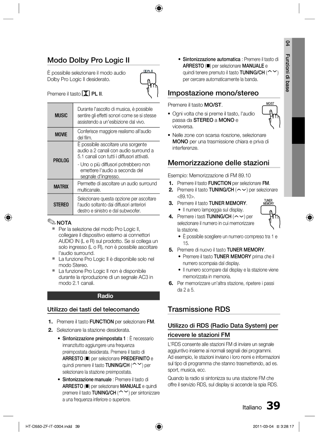 Samsung HT-D550/XN Modo Dolby Pro Logic, Impostazione mono/stereo, Memorizzazione delle stazioni, Trasmissione RDS, Radio 