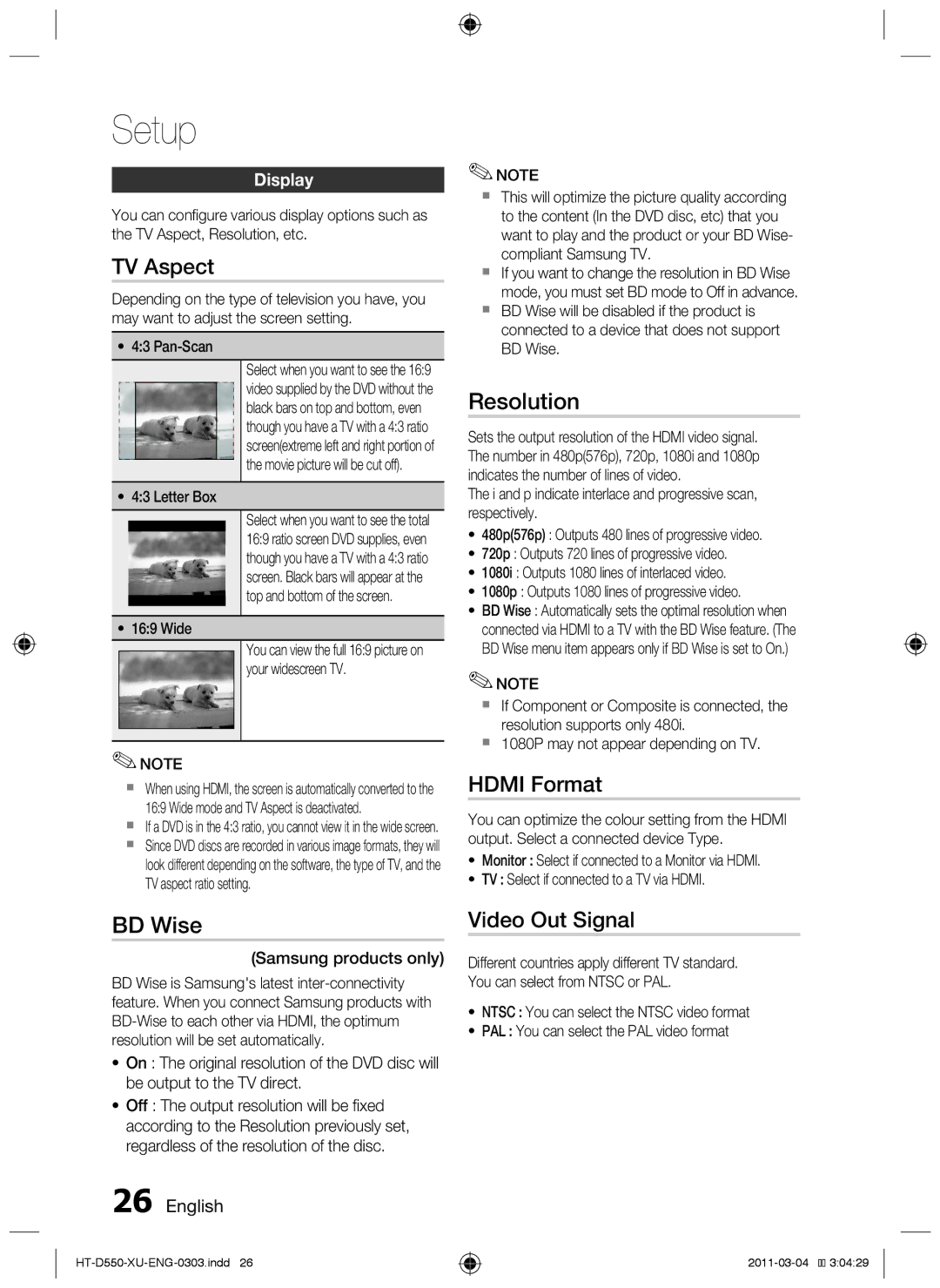 Samsung HT-D550/EN, HT-D550/XN, HT-D555/TK, HT-D555/EN manual TV Aspect, Resolution, Hdmi Format, BD Wise, Video Out Signal 