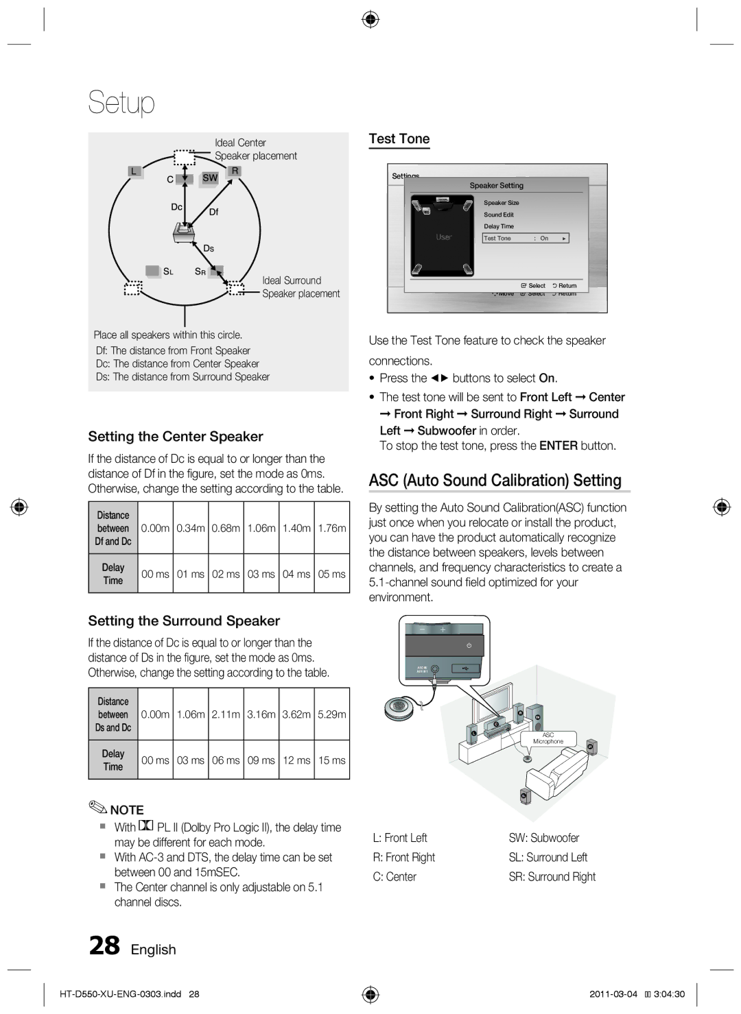 Samsung HT-D555/ZF ASC Auto Sound Calibration Setting, Setting the Center Speaker, Setting the Surround Speaker, Test Tone 