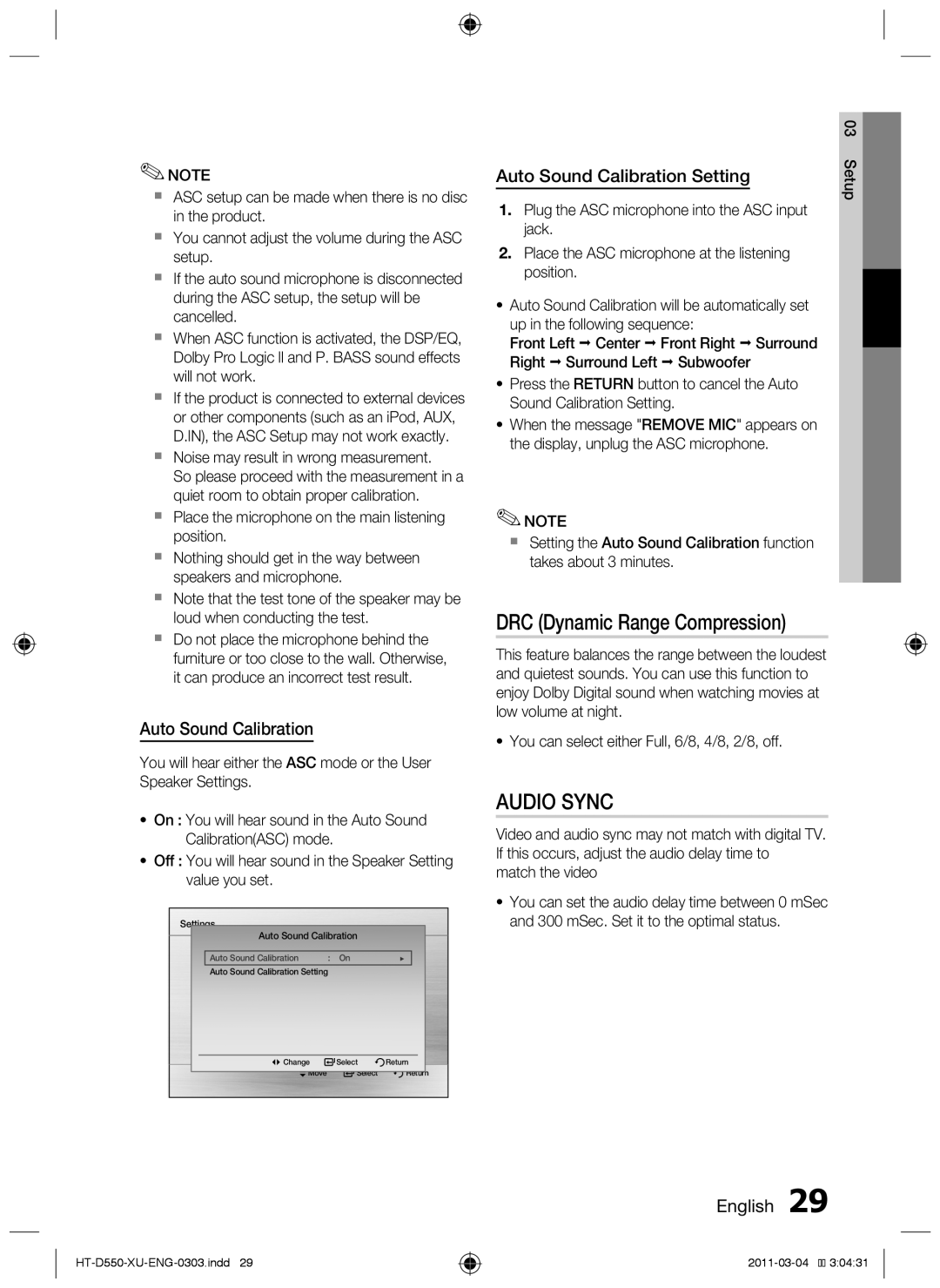 Samsung HT-D550/ZF, HT-D550/XN, HT-D555/TK, HT-D550/EN DRC Dynamic Range Compression, Auto Sound Calibration Setting 