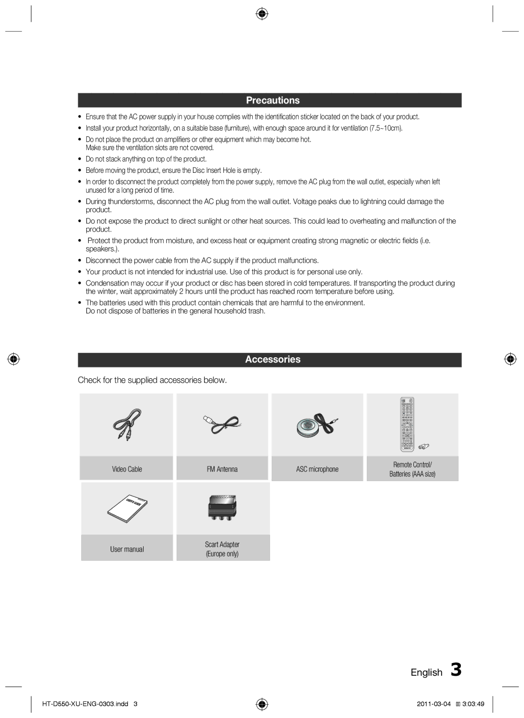 Samsung HT-D555/EN, HT-D550/XN, HT-D555/TK Precautions, Accessories, English , Check for the supplied accessories below 