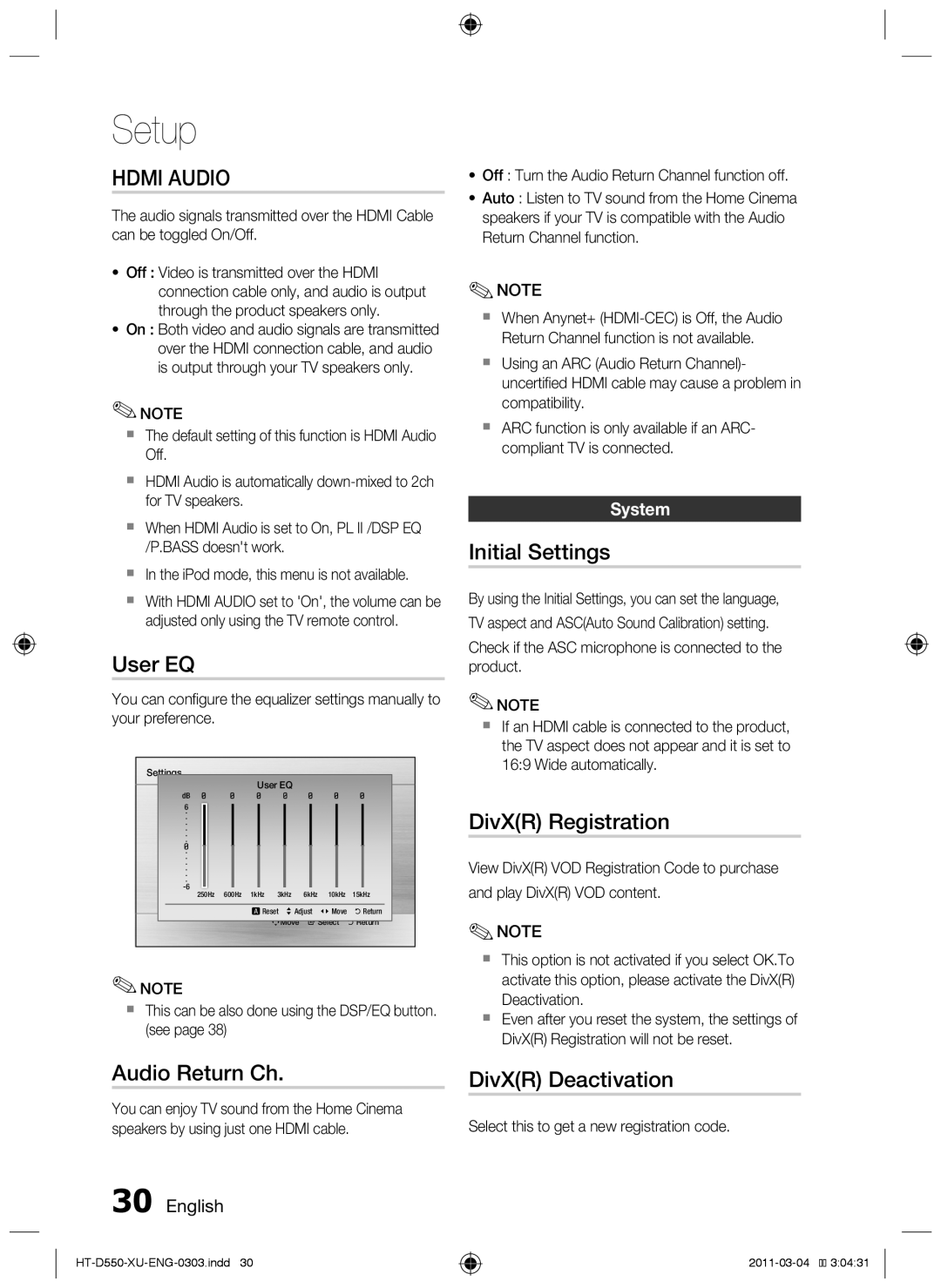 Samsung HT-D550/XN, HT-D555/TK manual User EQ, Audio Return Ch, Initial Settings, DivXR Registration, DivXR Deactivation 