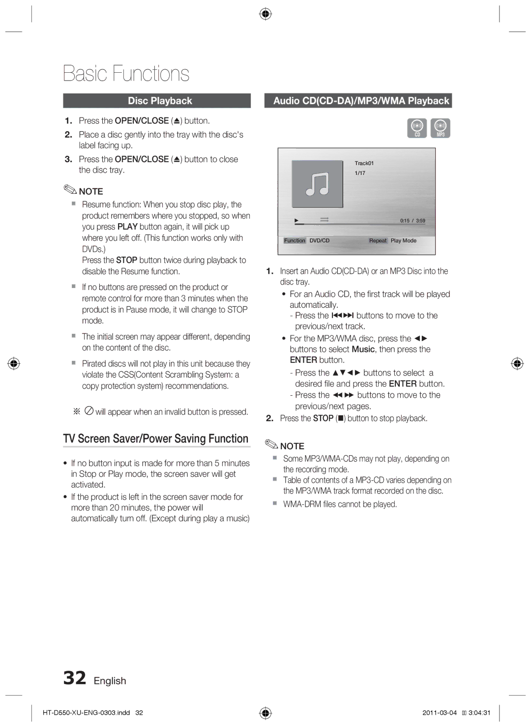 Samsung HT-D550/EN Basic Functions, TV Screen Saver/Power Saving Function, Disc Playback, Audio CDCD-DA/MP3/WMA Playback 