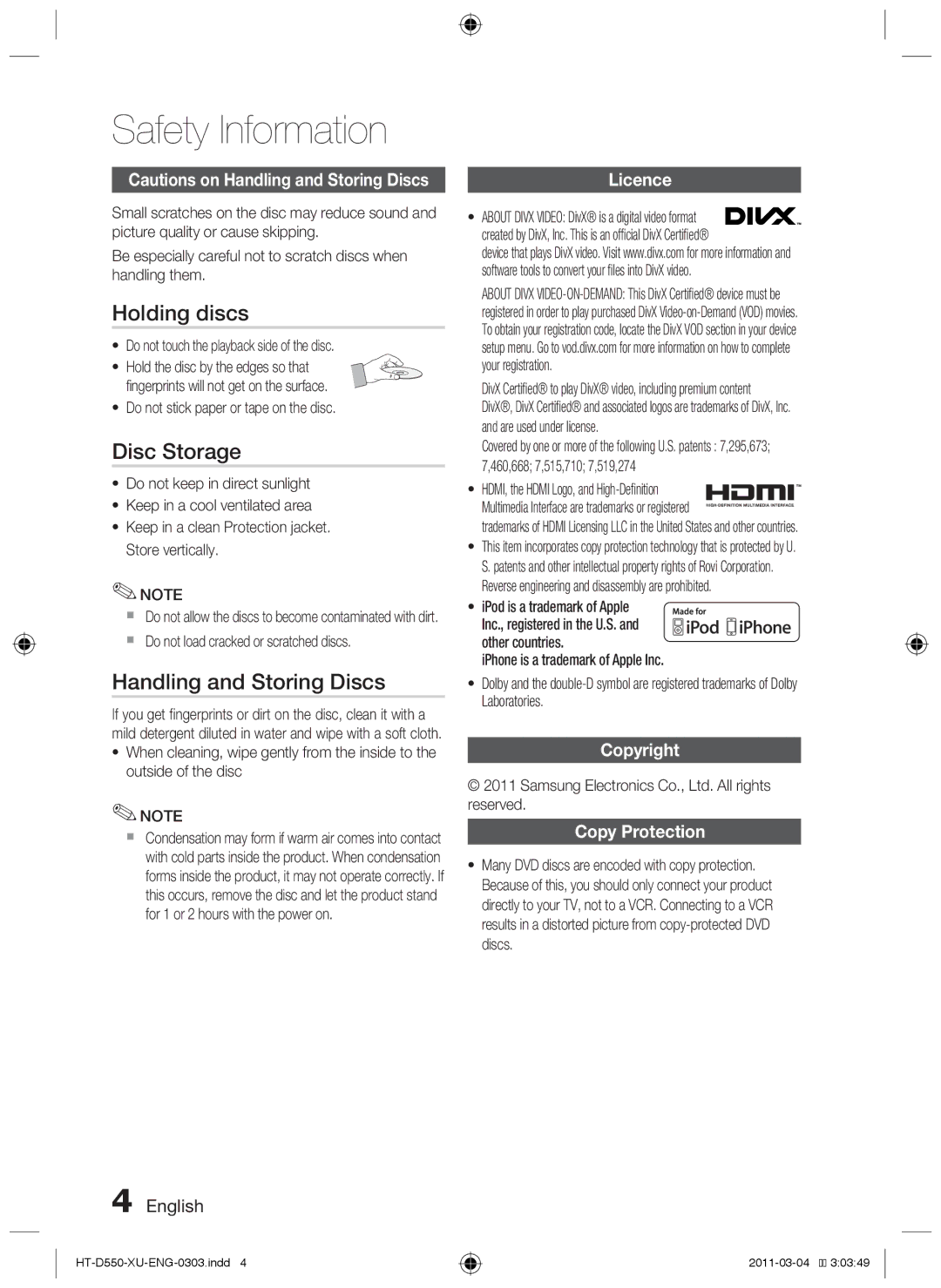 Samsung HT-D555/ZF, HT-D550/XN Holding discs, Disc Storage, Handling and Storing Discs, Licence, Copyright Copy Protection 