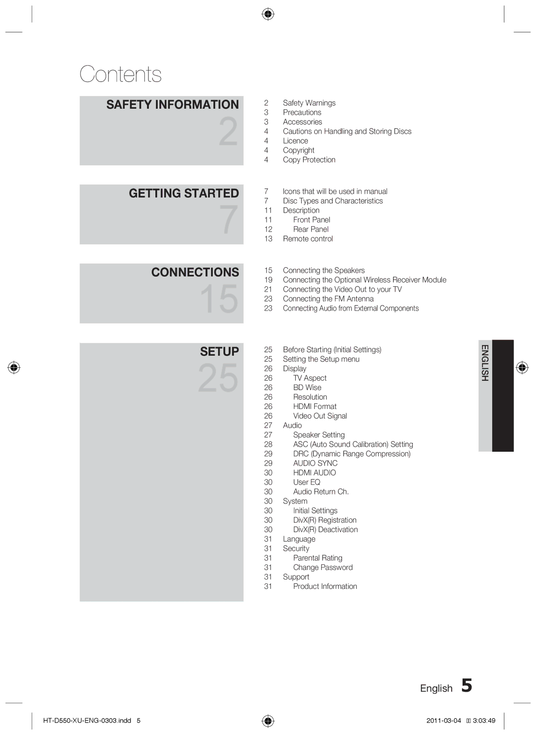 Samsung HT-D550/ZF, HT-D550/XN, HT-D555/TK, HT-D550/EN, HT-D555/EN, HT-D555/ZF manual Contents 