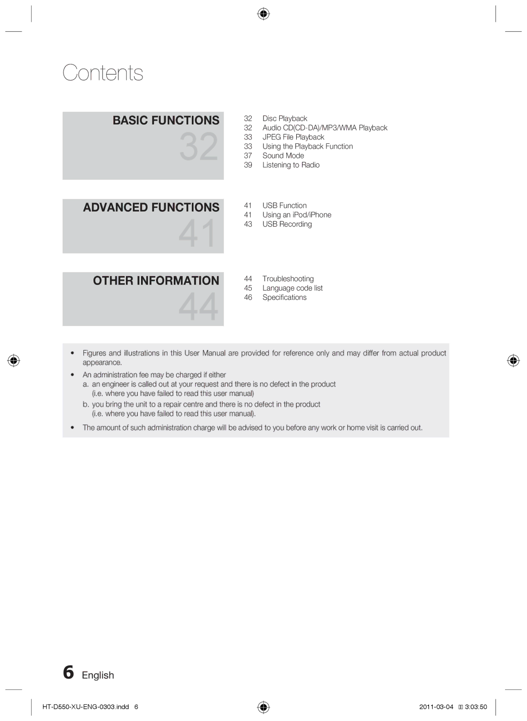 Samsung HT-D550/XN, HT-D555/TK, HT-D550/EN, HT-D555/EN, HT-D555/ZF manual Basic Functions Advanced Functions Other Information 