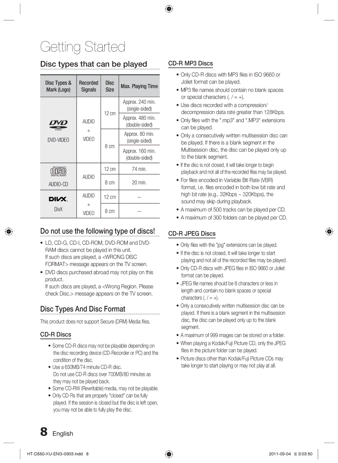 Samsung HT-D550/EN Disc types that can be played, Disc Types And Disc Format, CD-R MP3 Discs, CD-R Discs, CD-R Jpeg Discs 