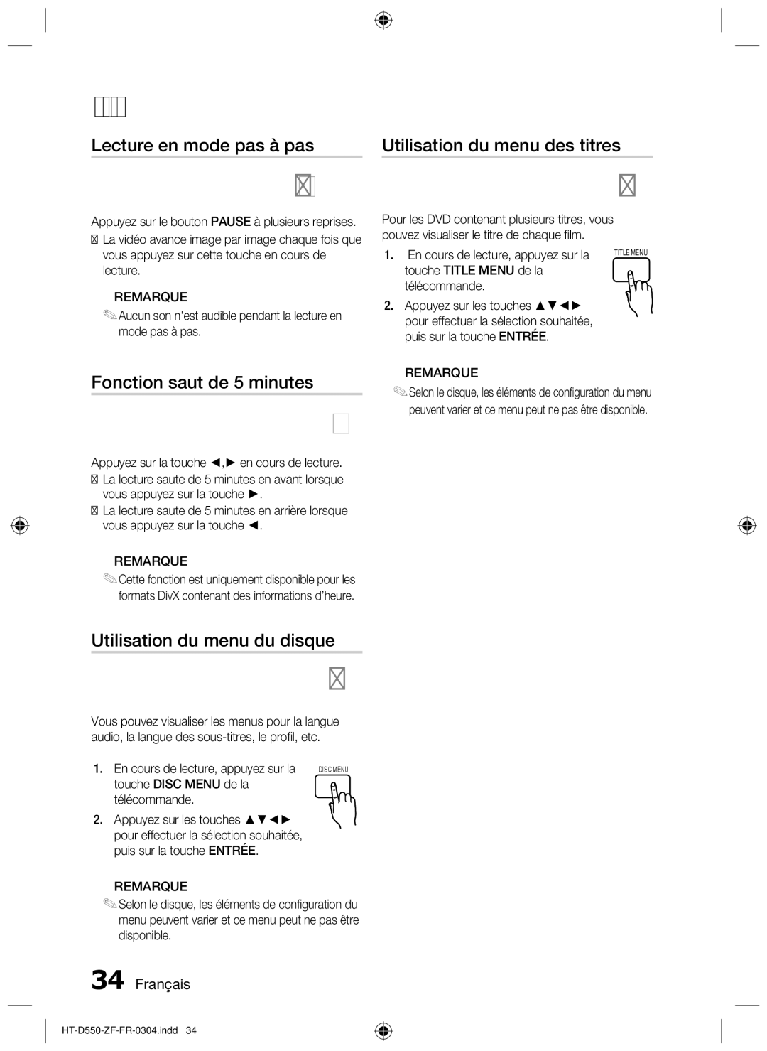 Samsung HT-D550/ZF, HT-D550/XN manual Lecture en mode pas à pas, Fonction saut de 5 minutes, Utilisation du menu des titres 