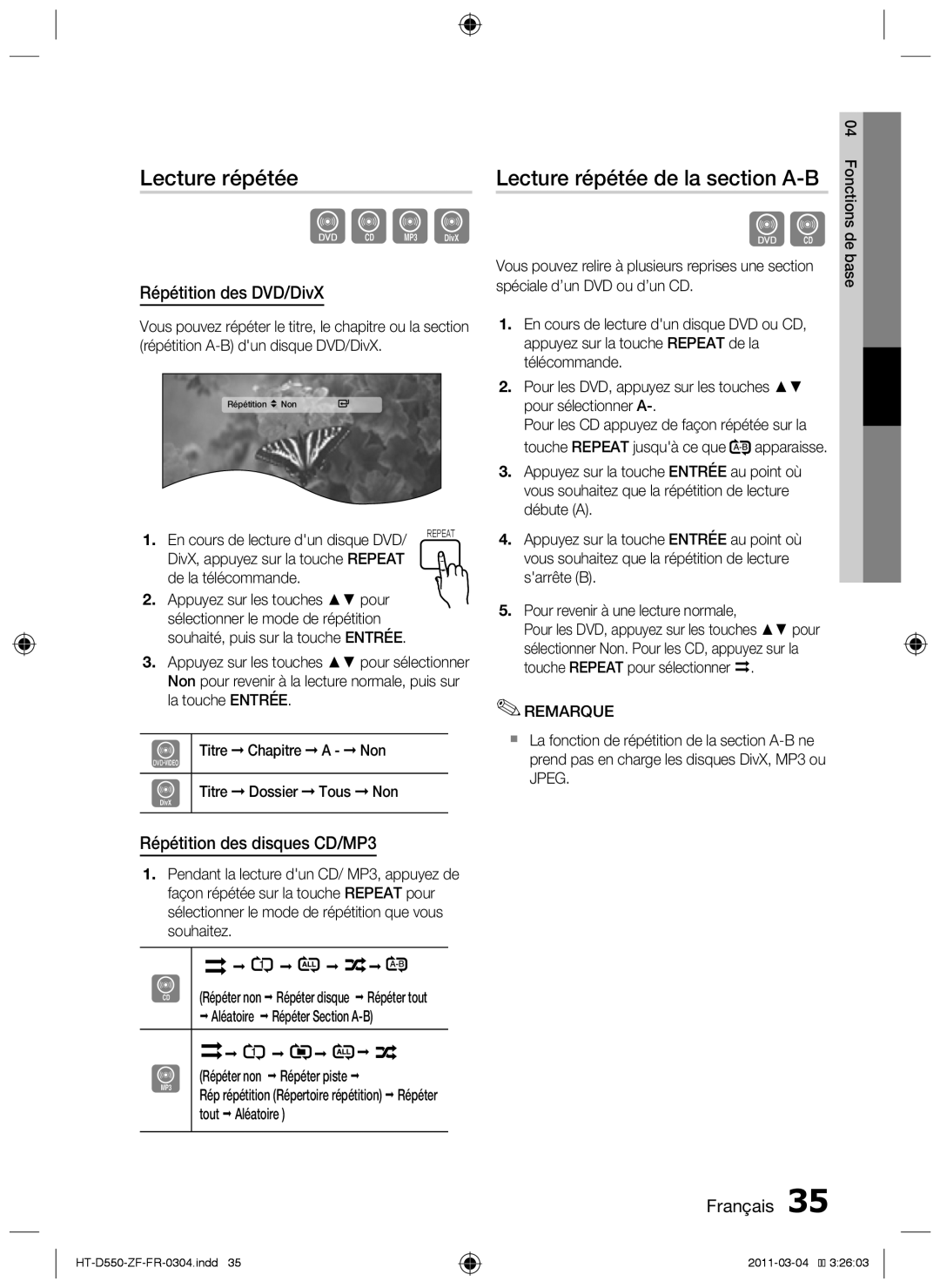 Samsung HT-D550/XN manual Lecture répétée de la section A-B, Répétition des DVD/DivX, Répétition des disques CD/MP3 