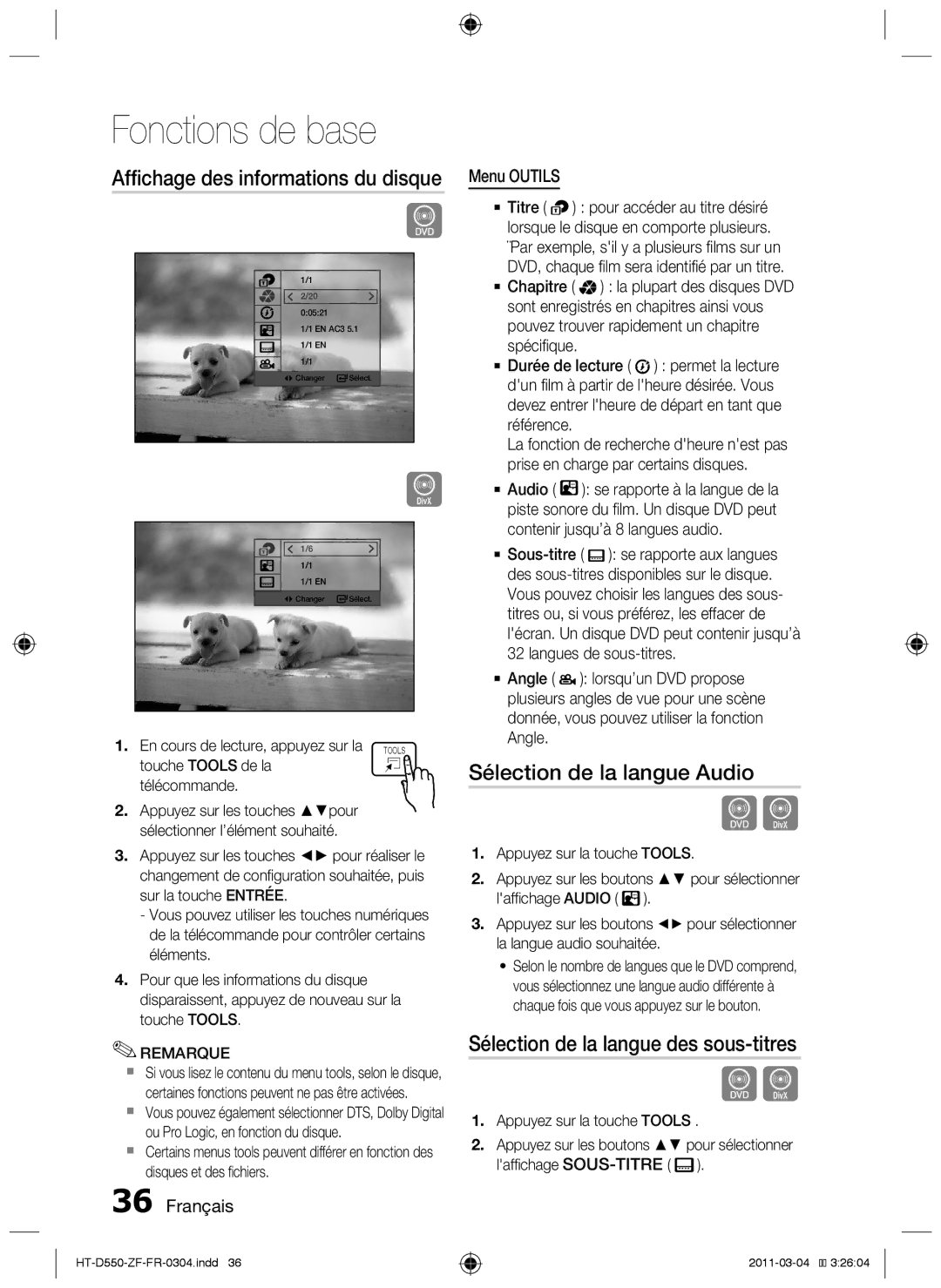 Samsung HT-D555/TK, HT-D550/XN manual Sélection de la langue Audio, Sélection de la langue des sous-titres, Menu Outils 