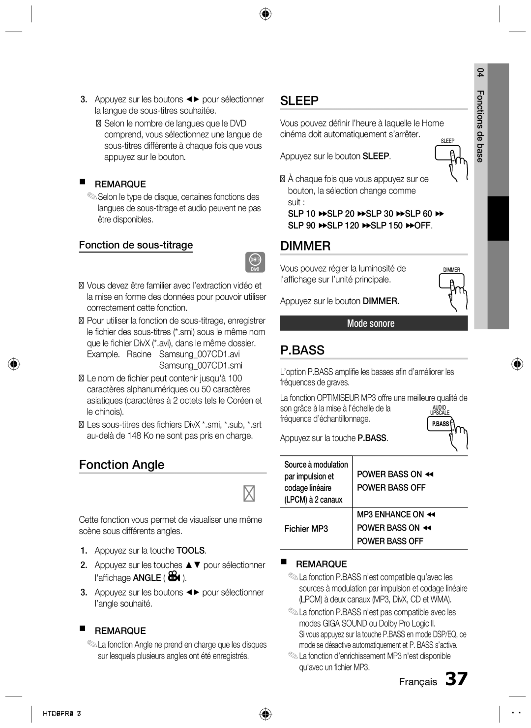 Samsung HT-D550/EN, HT-D550/XN, HT-D555/TK, HT-D555/EN, HT-D555/ZF, HT-D550/ZF manual Fonction Angle, Fonction de sous-titrage 