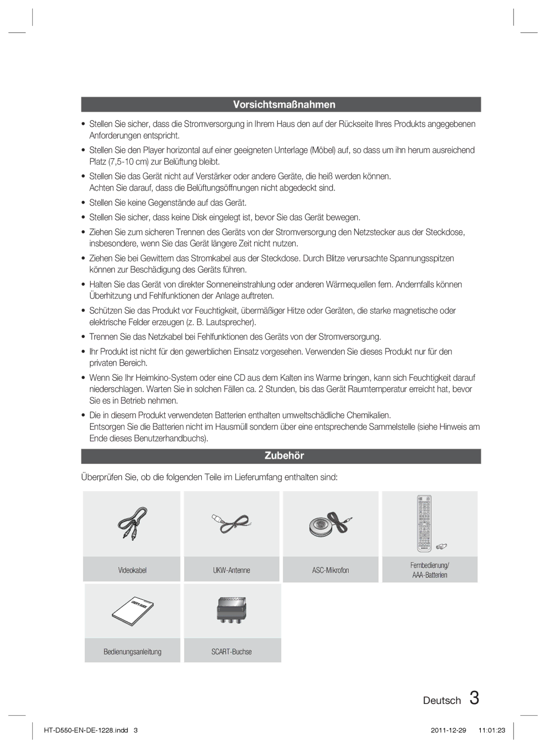 Samsung HT-D555/TK, HT-D550/XN, HT-D550/EN, HT-D555/EN, HT-D555/ZF, HT-D555WK/ZN, HT-D550/ZF manual Vorsichtsmaßnahmen, Zubehör 