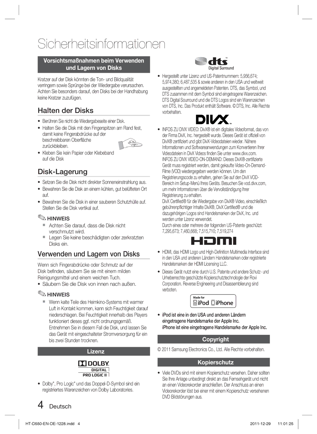 Samsung HT-D550/EN, HT-D550/XN, HT-D555/TK, HT-D555/EN manual Halten der Disks, Disk-Lagerung, Verwenden und Lagern von Disks 