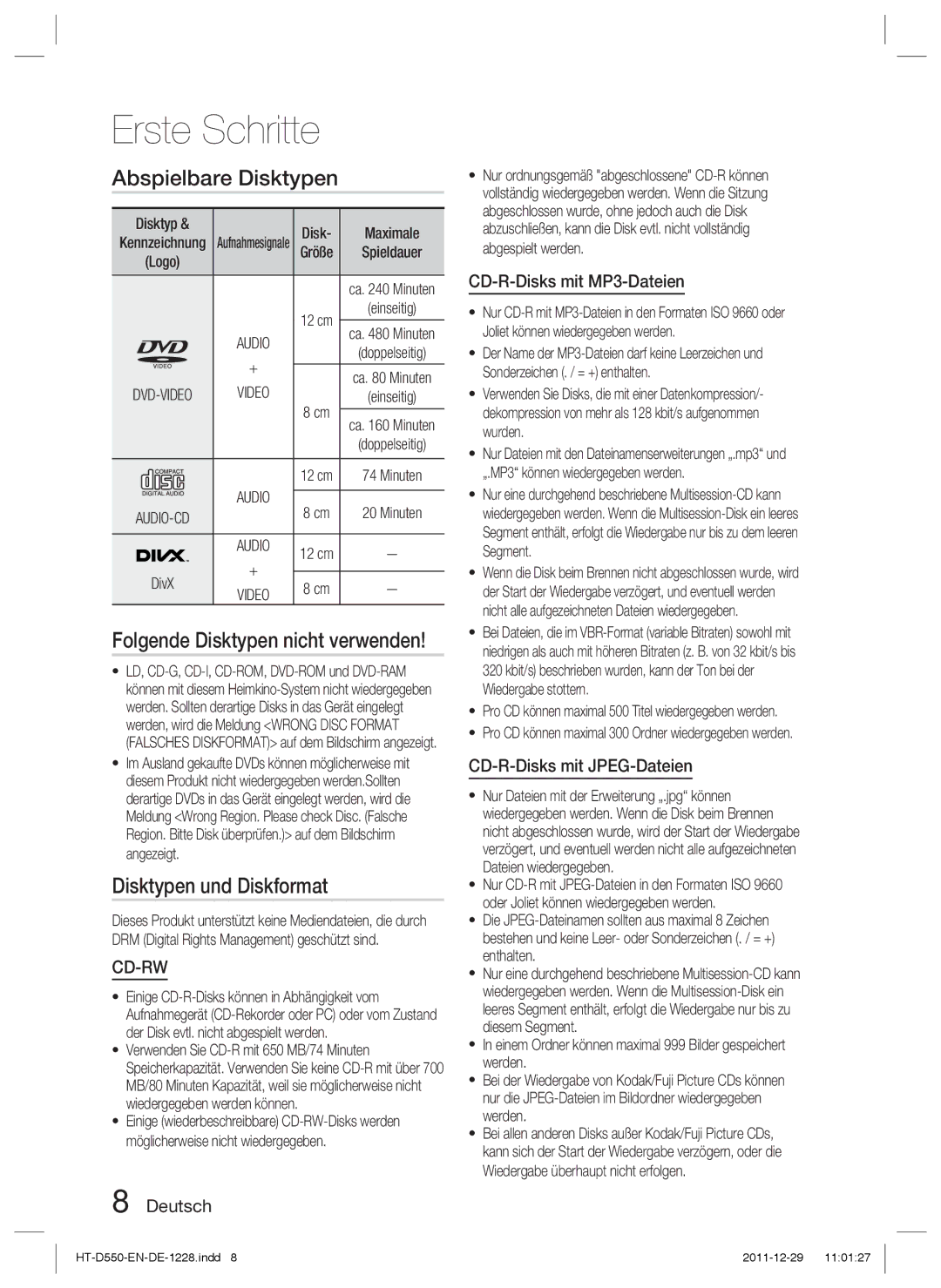 Samsung HT-D550/ZF manual Abspielbare Disktypen, Disktypen und Diskformat, CD-R-Disks mit MP3-Dateien, Disktyp Maximale 