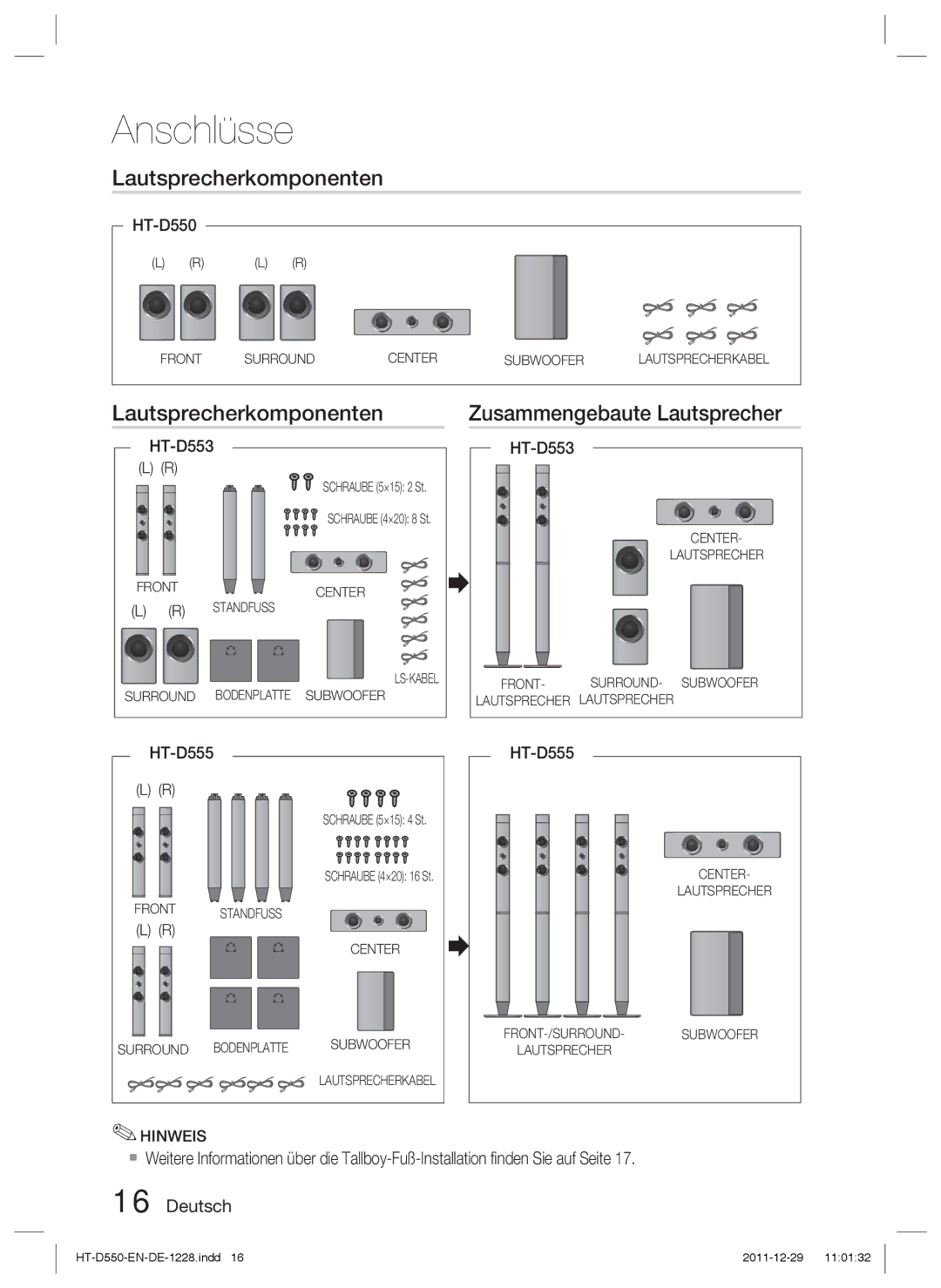 Samsung HT-D555/ZF manual Lautsprecherkomponenten Zusammengebaute Lautsprecher, Schraube 5×15 2 St Schraube 4×20 8 St 