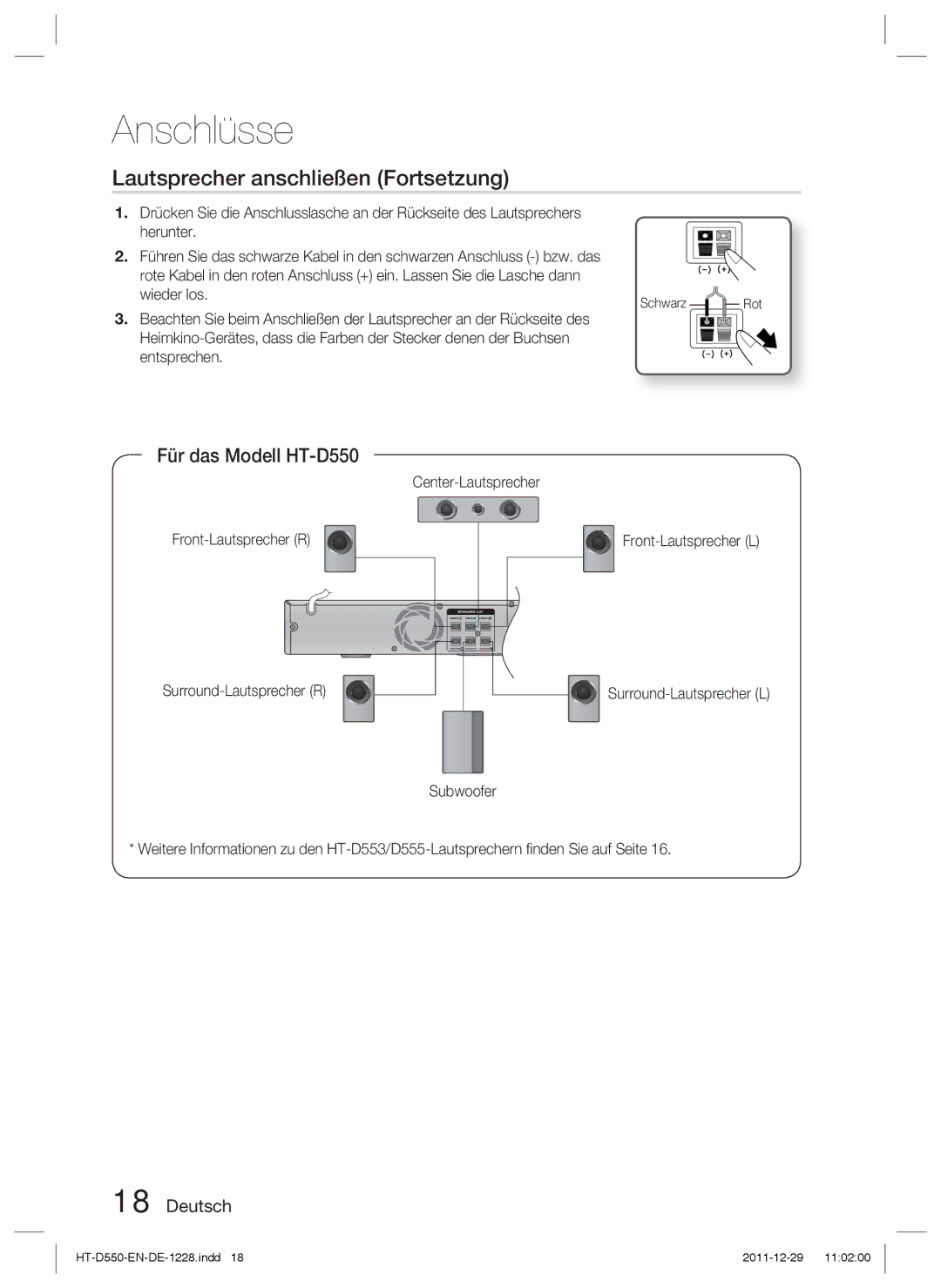 Samsung HT-D550/ZF, HT-D550/XN, HT-D555/TK, HT-D550/EN Lautsprecher anschließen Fortsetzung, Für das Modell HT-D550, Schwarz 