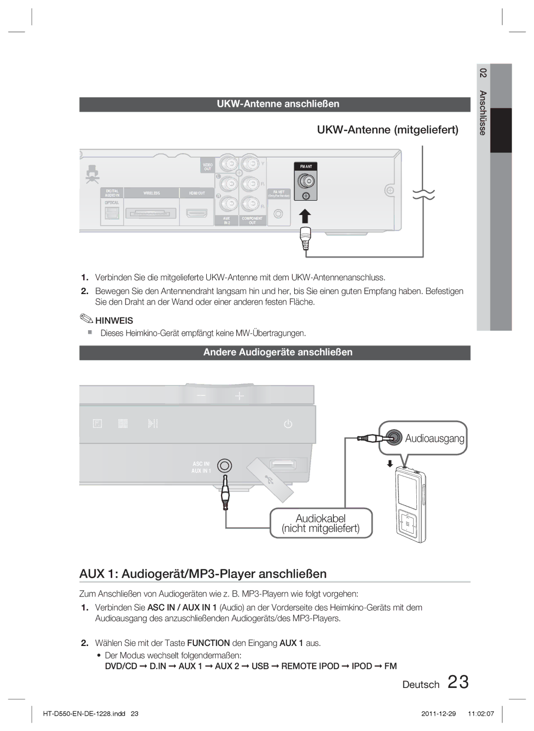 Samsung HT-D555/TK manual AUX 1 Audiogerät/MP3-Player anschließen, UKW-Antenne mitgeliefert, Audiokabel Nicht mitgeliefert 