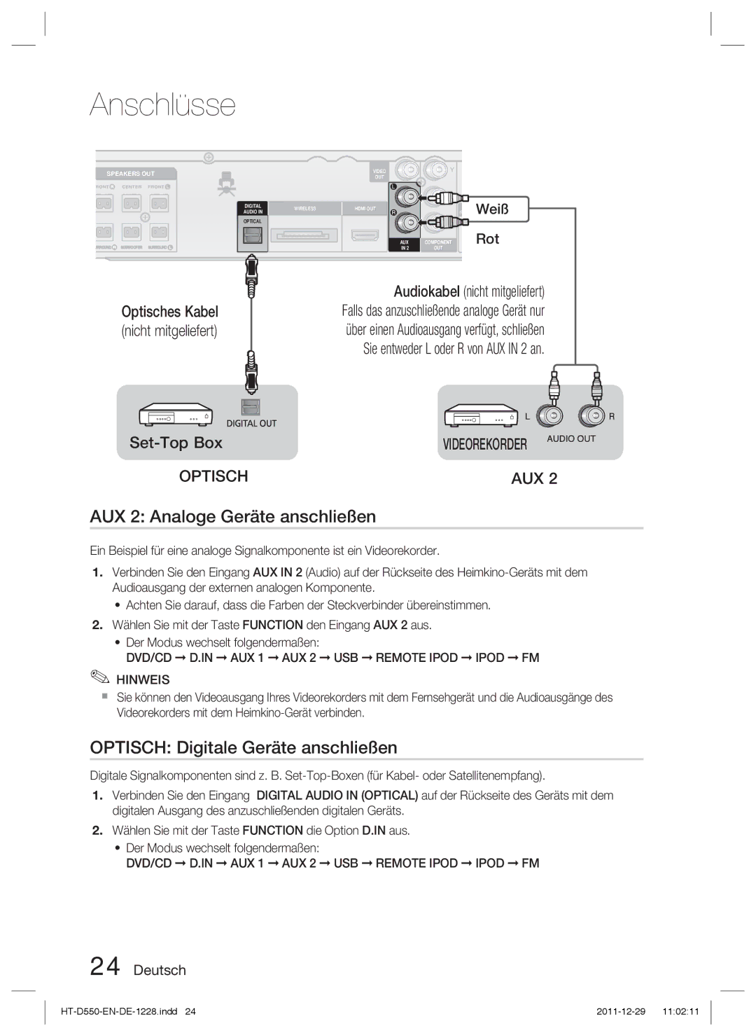 Samsung HT-D550/EN, HT-D550/XN, HT-D555/TK, HT-D555/EN AUX 2 Analoge Geräte anschließen, Optisch Digitale Geräte anschließen 