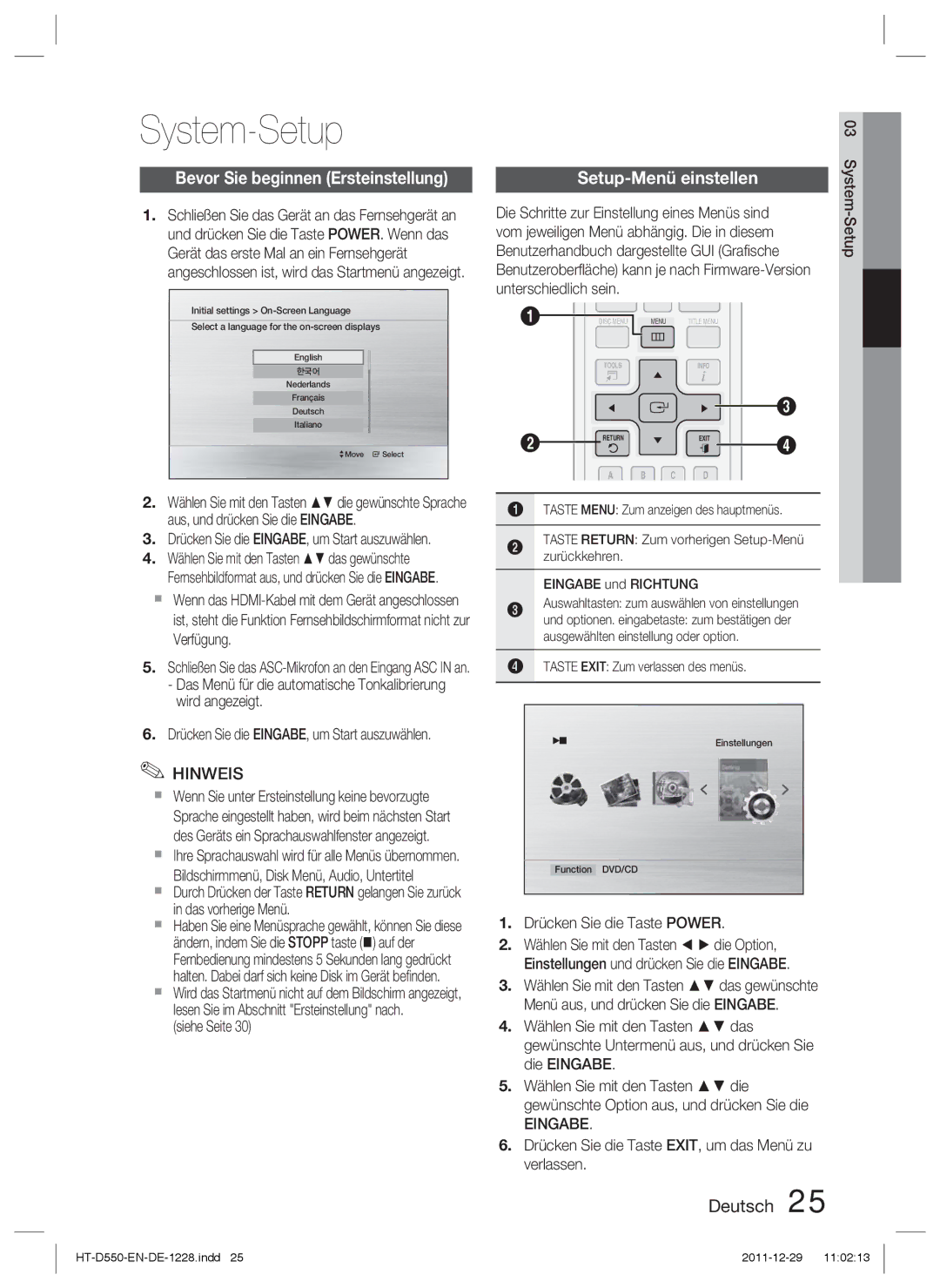 Samsung HT-D555/EN, HT-D550/XN, HT-D555/TK System-Setup, Bevor Sie beginnen Ersteinstellung, Setup-Menü einstellen, Eingabe 