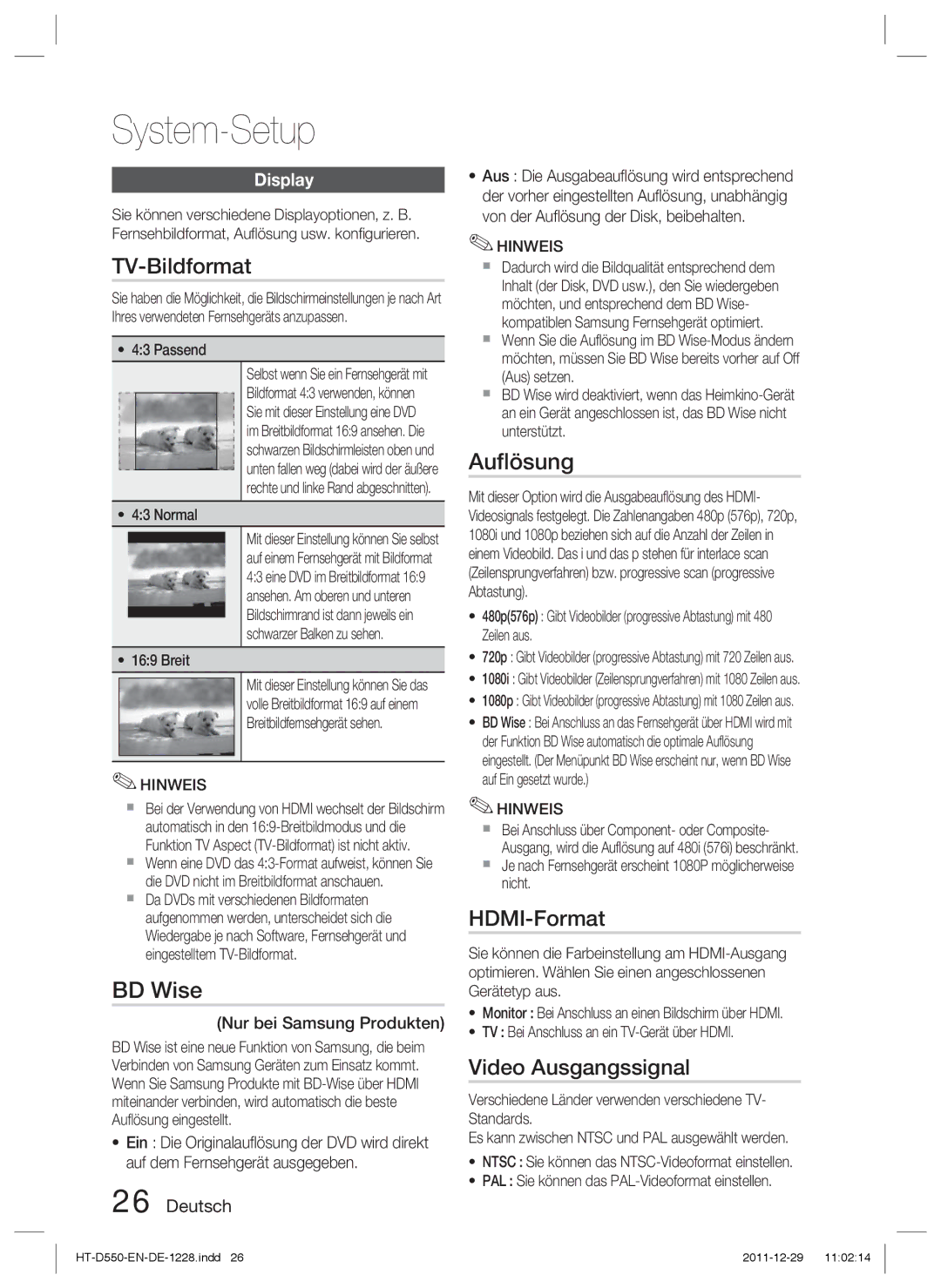 Samsung HT-D555/ZF, HT-D550/XN, HT-D555/TK, HT-D550/EN, HT-D555/EN TV-Bildformat, Auﬂösung, HDMI-Format, Video Ausgangssignal 