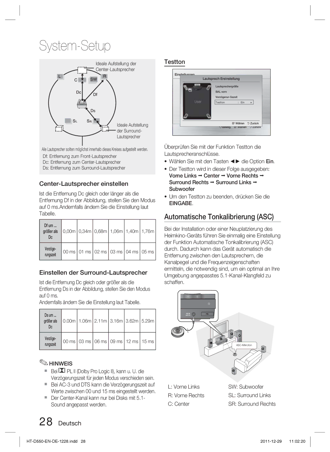 Samsung HT-D550/ZF, HT-D550/XN, HT-D555/TK manual Automatische Tonkalibrierung ASC, Testton, Center-Lautsprecher einstellen 