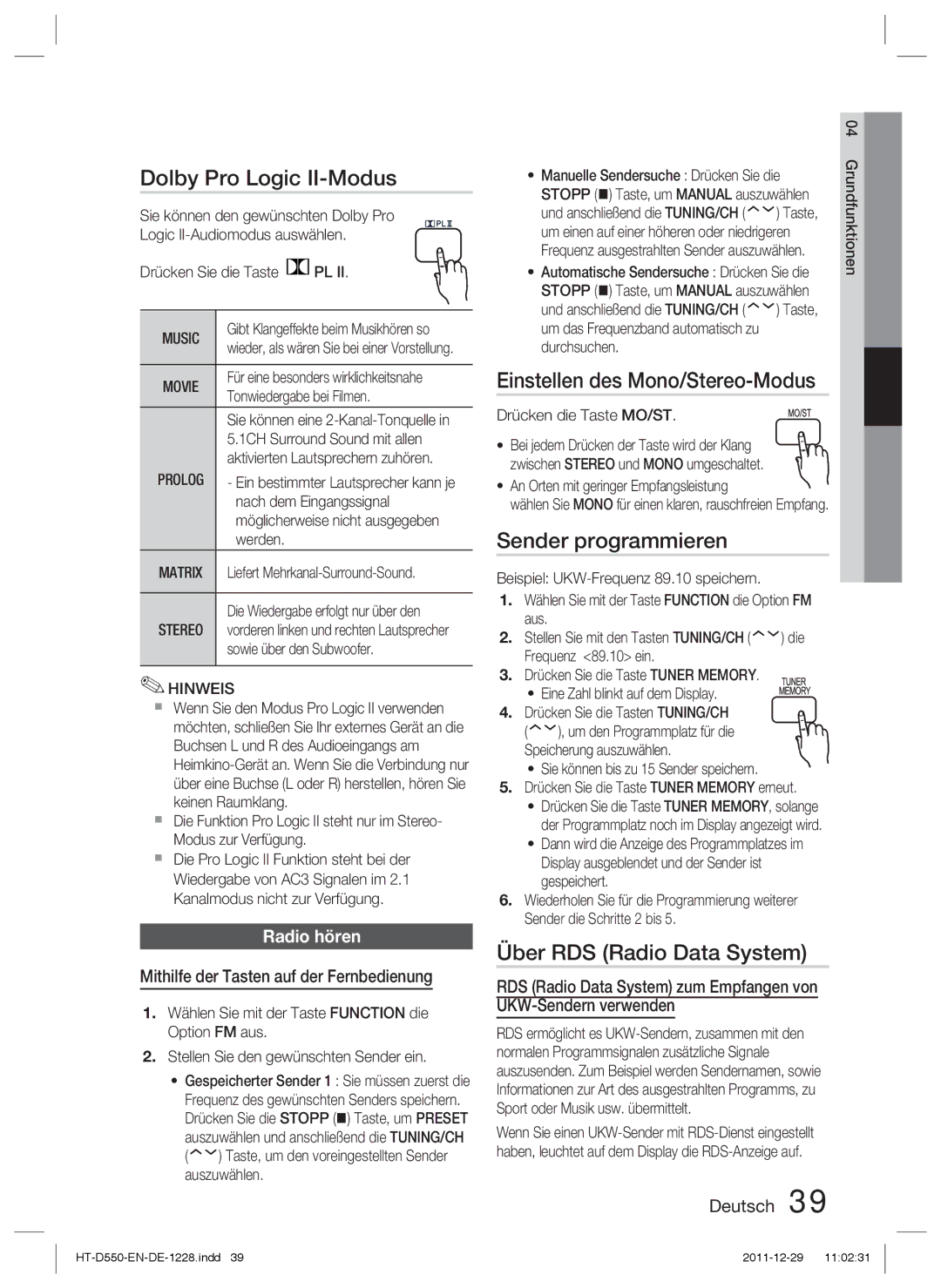 Samsung HT-D555/XE manual Dolby Pro Logic II-Modus, Einstellen des Mono/Stereo-Modus, Sender programmieren, Radio hören 