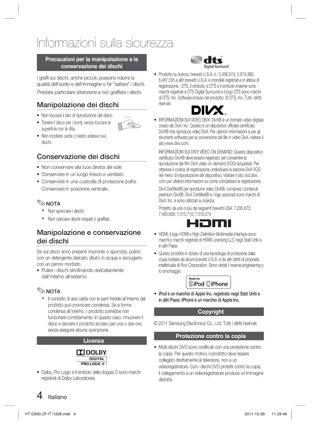 Samsung HT-D555/TK manual Manipolazione dei dischi, Conservazione dei dischi, Manipolazione e conservazione dei dischi 