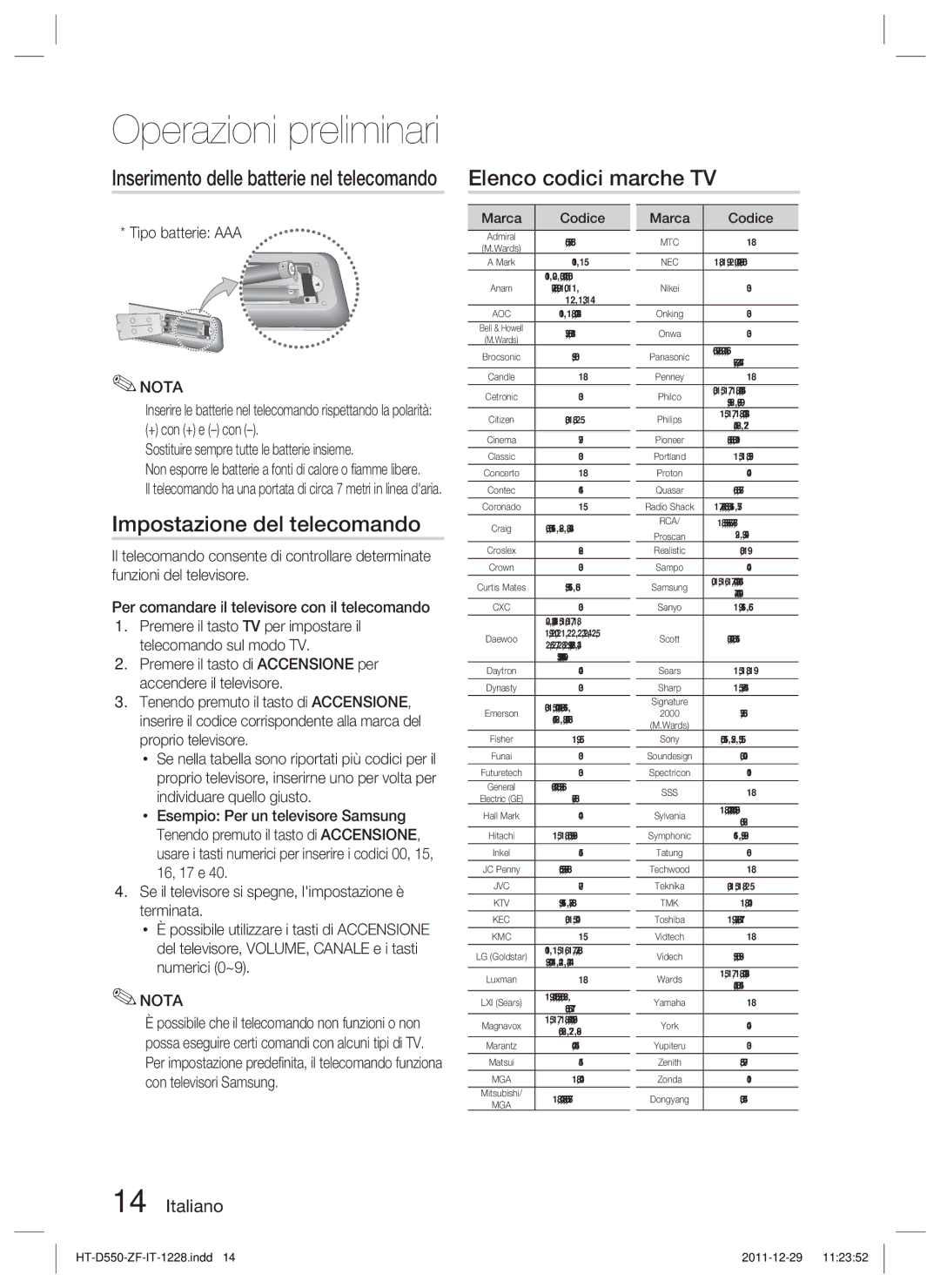 Samsung HT-D555/TK manual Elenco codici marche TV, Impostazione del telecomando, Inserimento delle batterie nel telecomando 