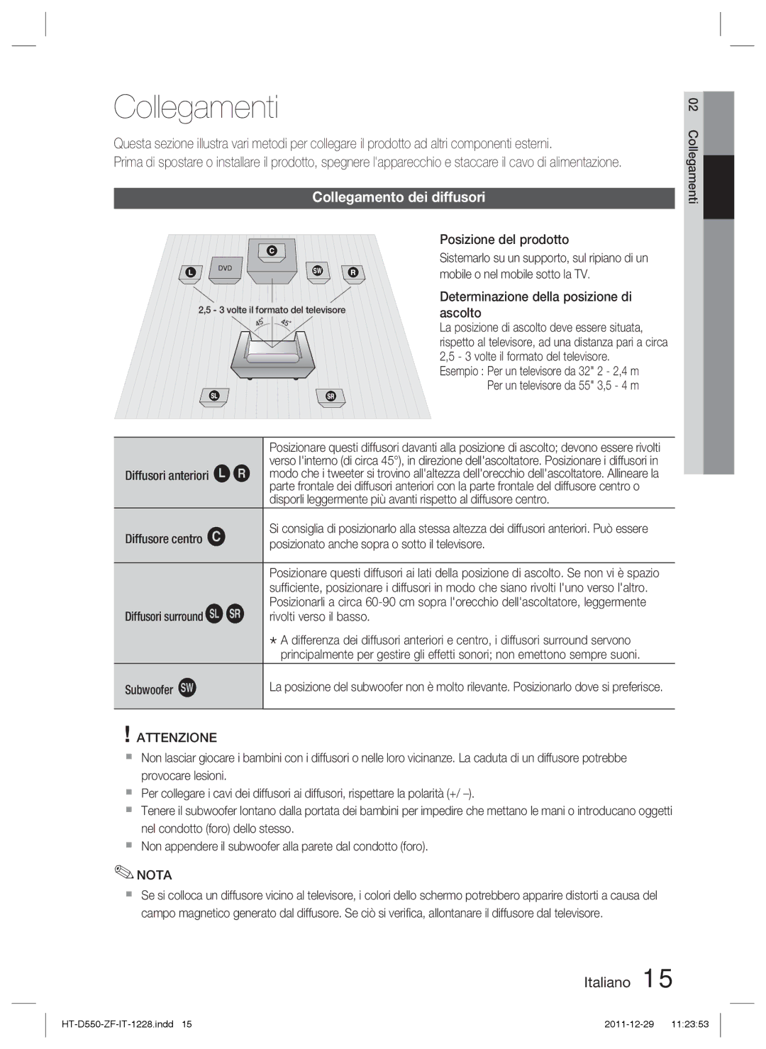 Samsung HT-D550/EN, HT-D550/XN, HT-D555/TK, HT-D555/EN, HT-D555/ZF manual Collegamenti, Collegamento dei diffusori, Attenzione 