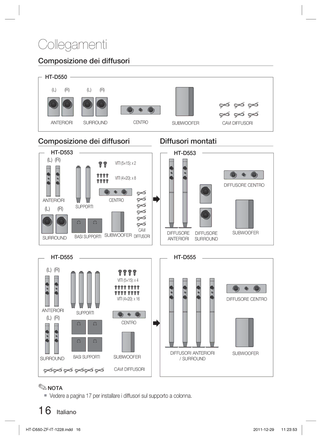 Samsung HT-D555/EN, HT-D550/XN, HT-D555/TK manual Composizione dei diffusori Diffusori montati, Viti 5×15 X Viti 4×20 X 