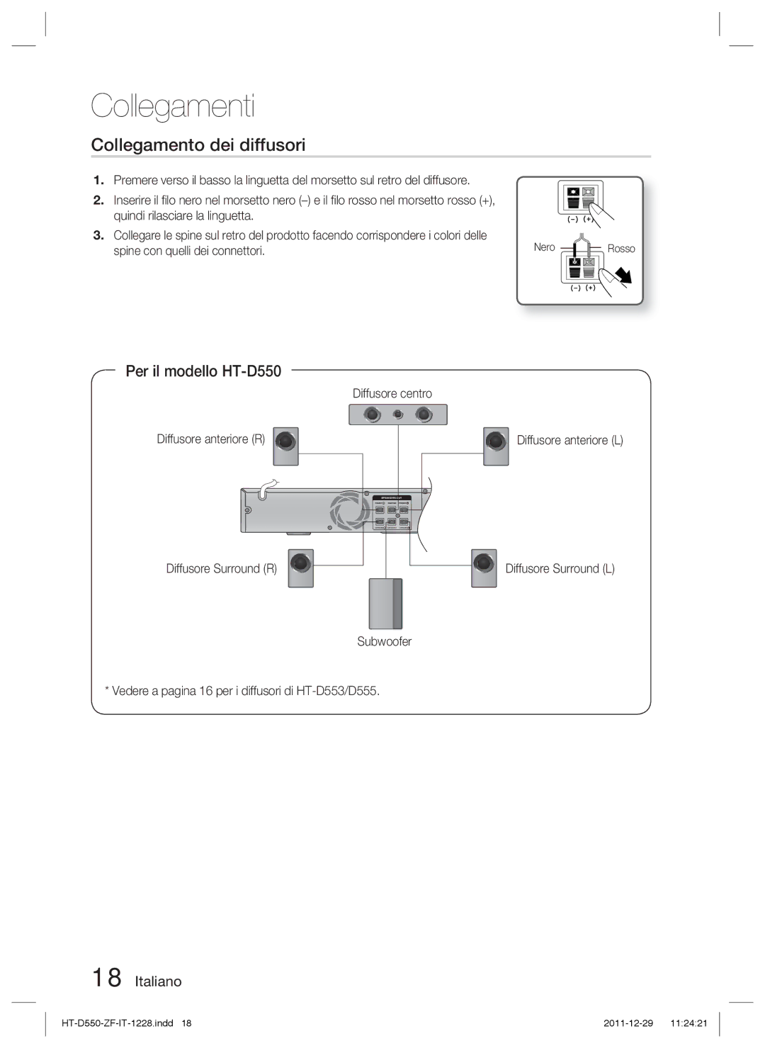 Samsung HT-D555WK/ZN, HT-D550/XN, HT-D555/TK, HT-D550/EN manual Collegamento dei diffusori, Per il modello HT-D550, Rosso 